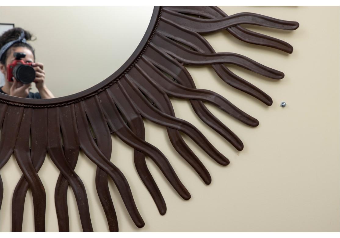 Mid-Century Modern Decorative Bronze Patinated Metal Large Sun Ray Wall Mirror For Sale