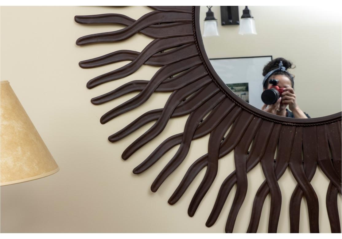 Decorative Bronze Patinated Metal Large Sun Ray Wall Mirror In Good Condition For Sale In Bridgeport, CT