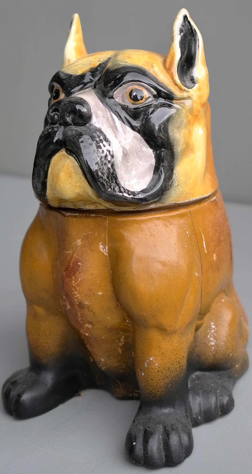 Decorative Bulldog Glazed Ceramic and Leather Sculpture Cookie Jar, 1960s For Sale 1