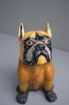Dekoratives glasiertes Cookie-Gefäß aus Keramik und Leder mit Bulldogge-Skulptur, 1960er Jahre