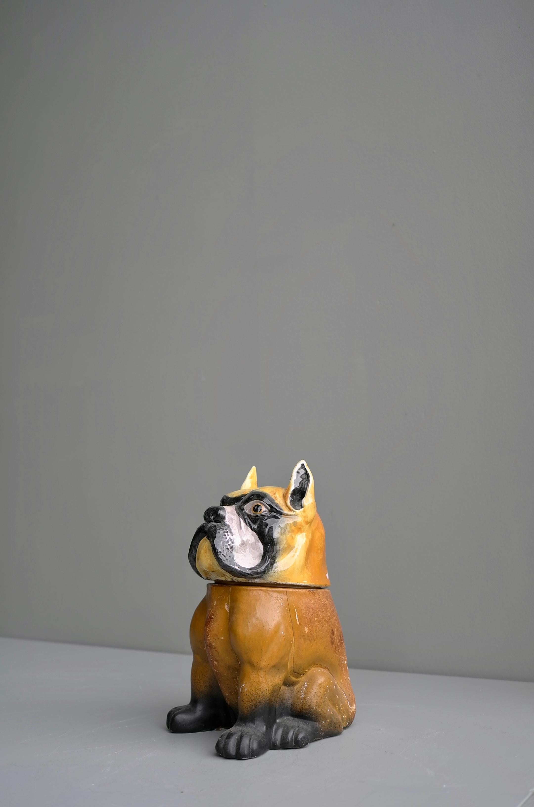 Mid-Century Modern Decorative Bulldog Glazed Ceramic and Leather Sculpture Cookie Jar, 1960s For Sale