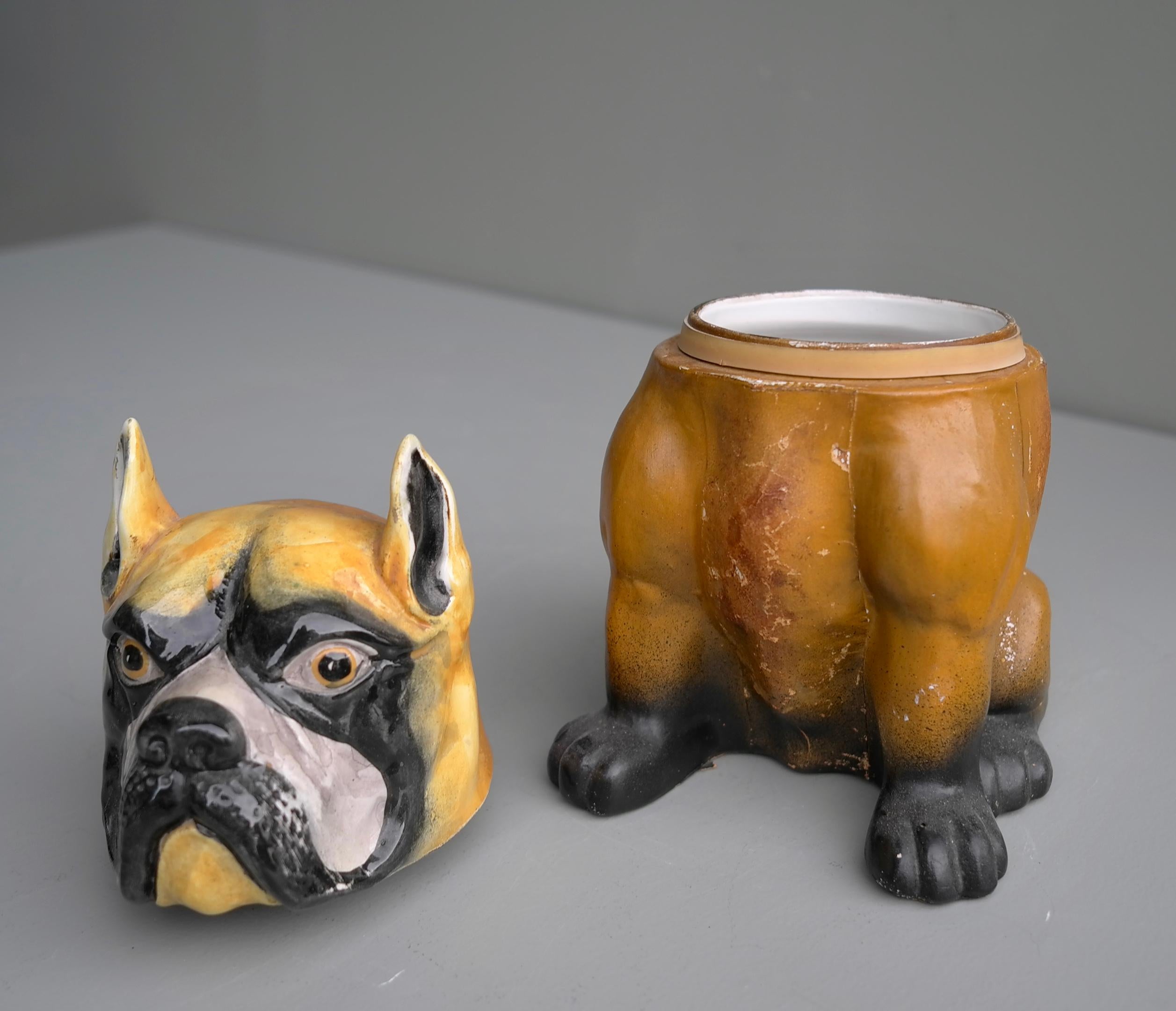 Italian Decorative Bulldog Glazed Ceramic and Leather Sculpture Cookie Jar, 1960s For Sale