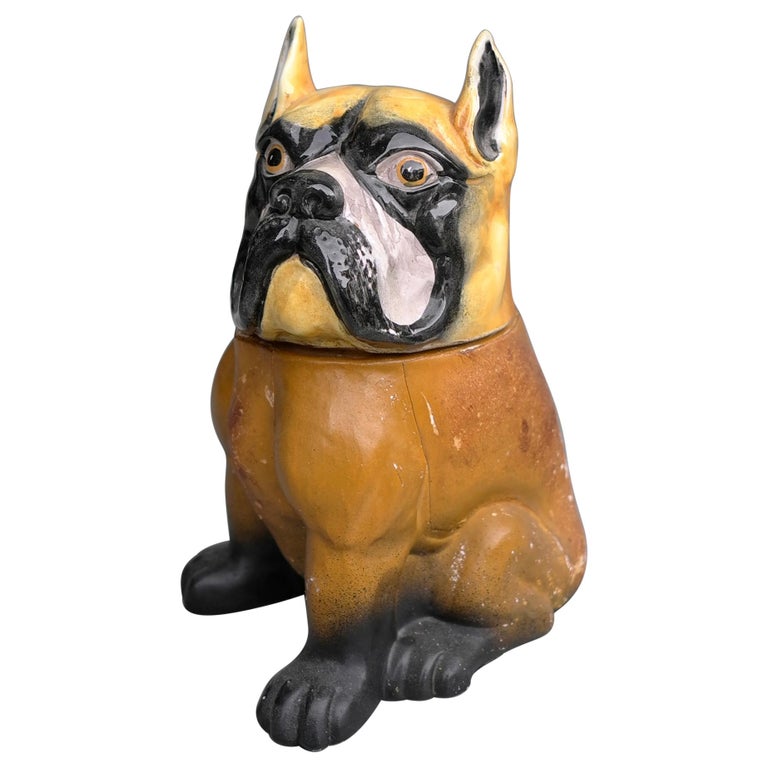 Decorative Bulldog Glazed Ceramic and Leather Sculpture Cookie Jar