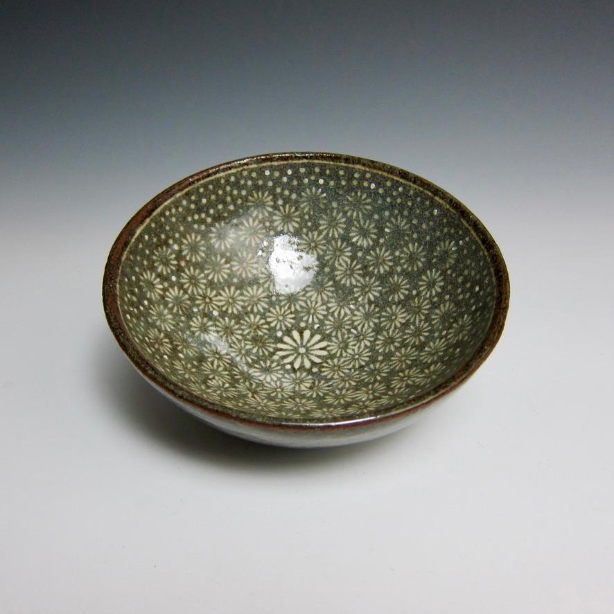 Wheel Thrown Flower Stamped Buncheong bowl by Jason Fox

2 1/8