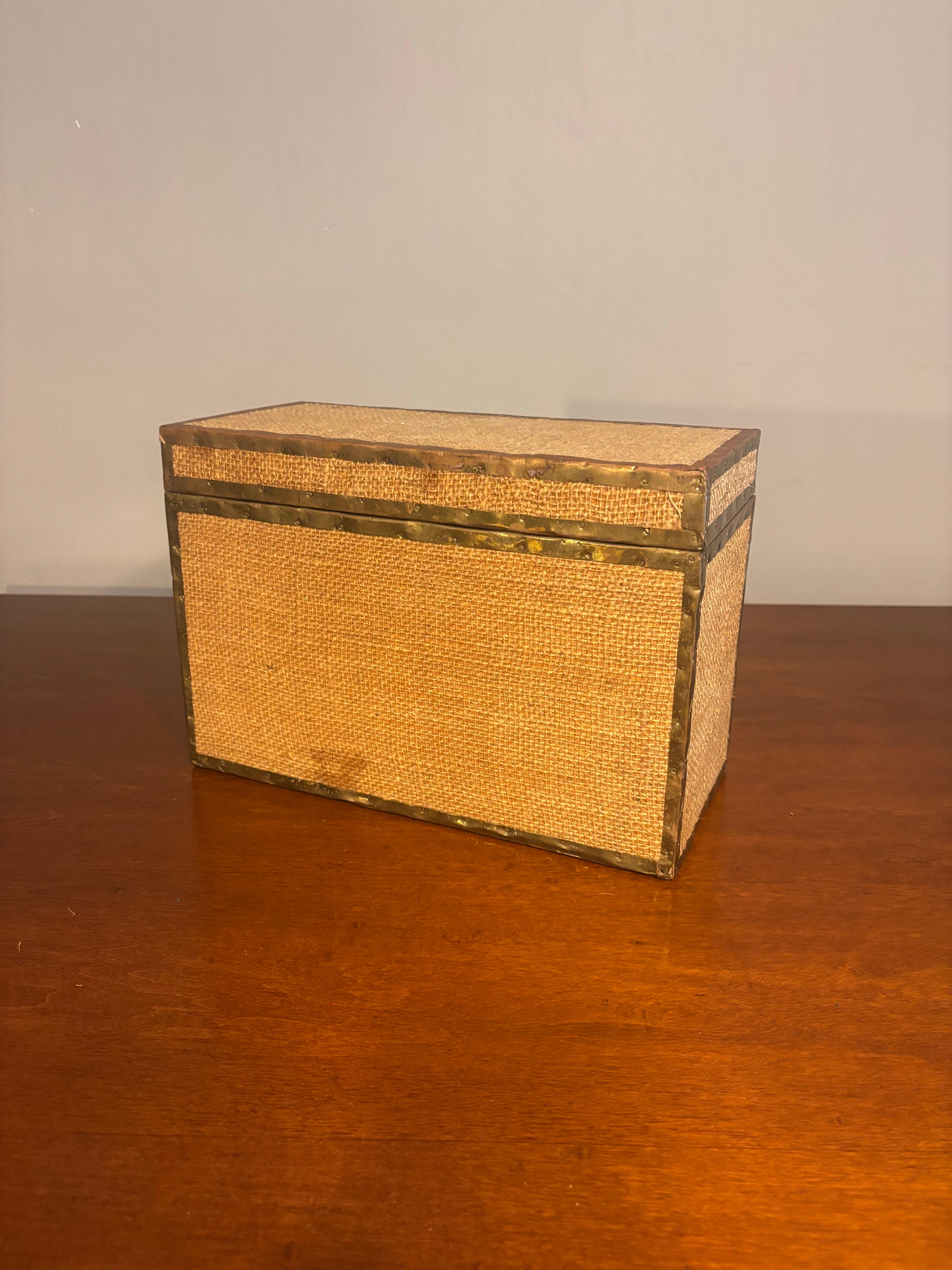 20th Century Decorative Burlap and Brass Box — British Colonial Style For Sale