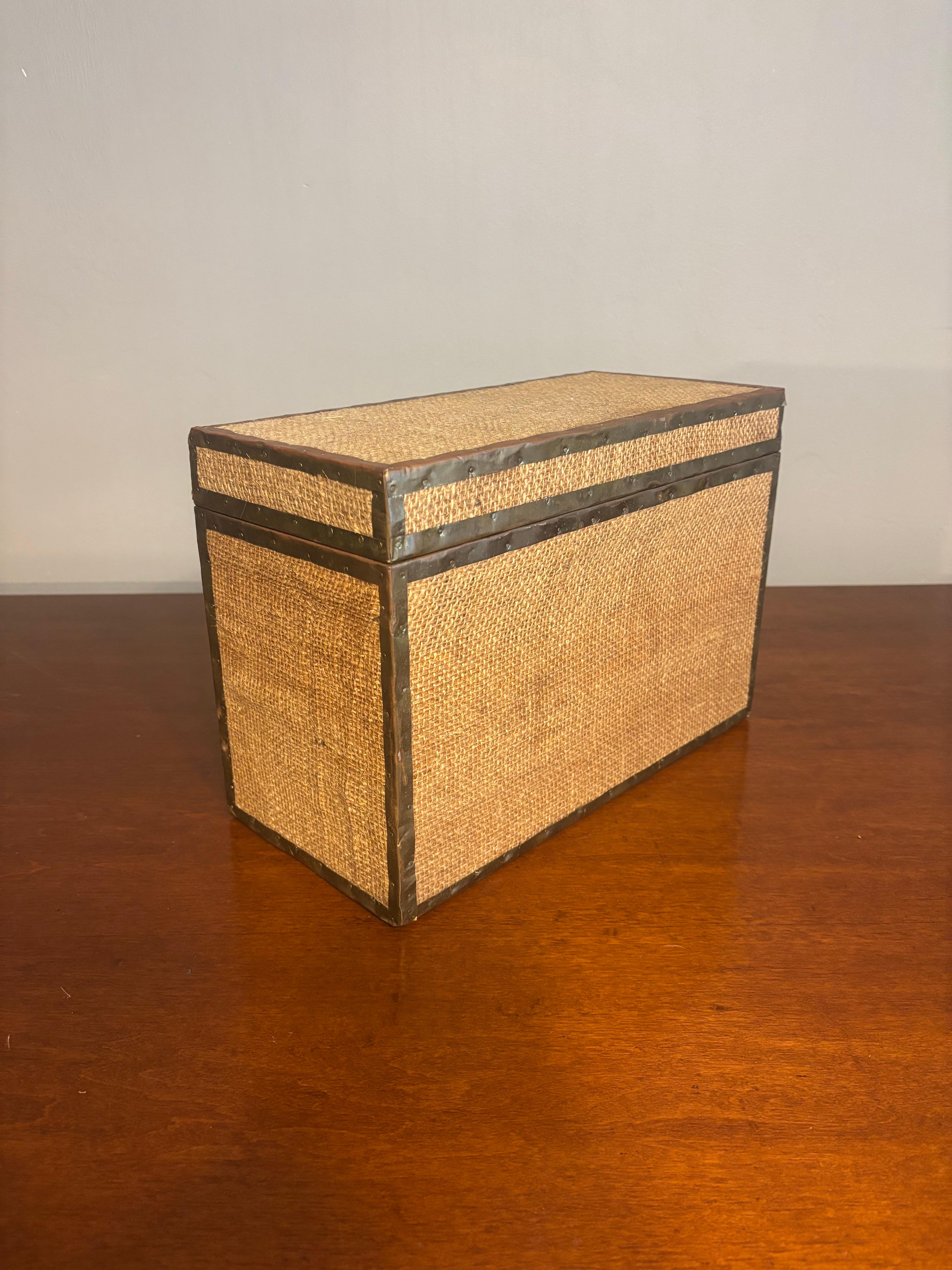 Decorative Burlap and Brass Box — British Colonial Style For Sale 2