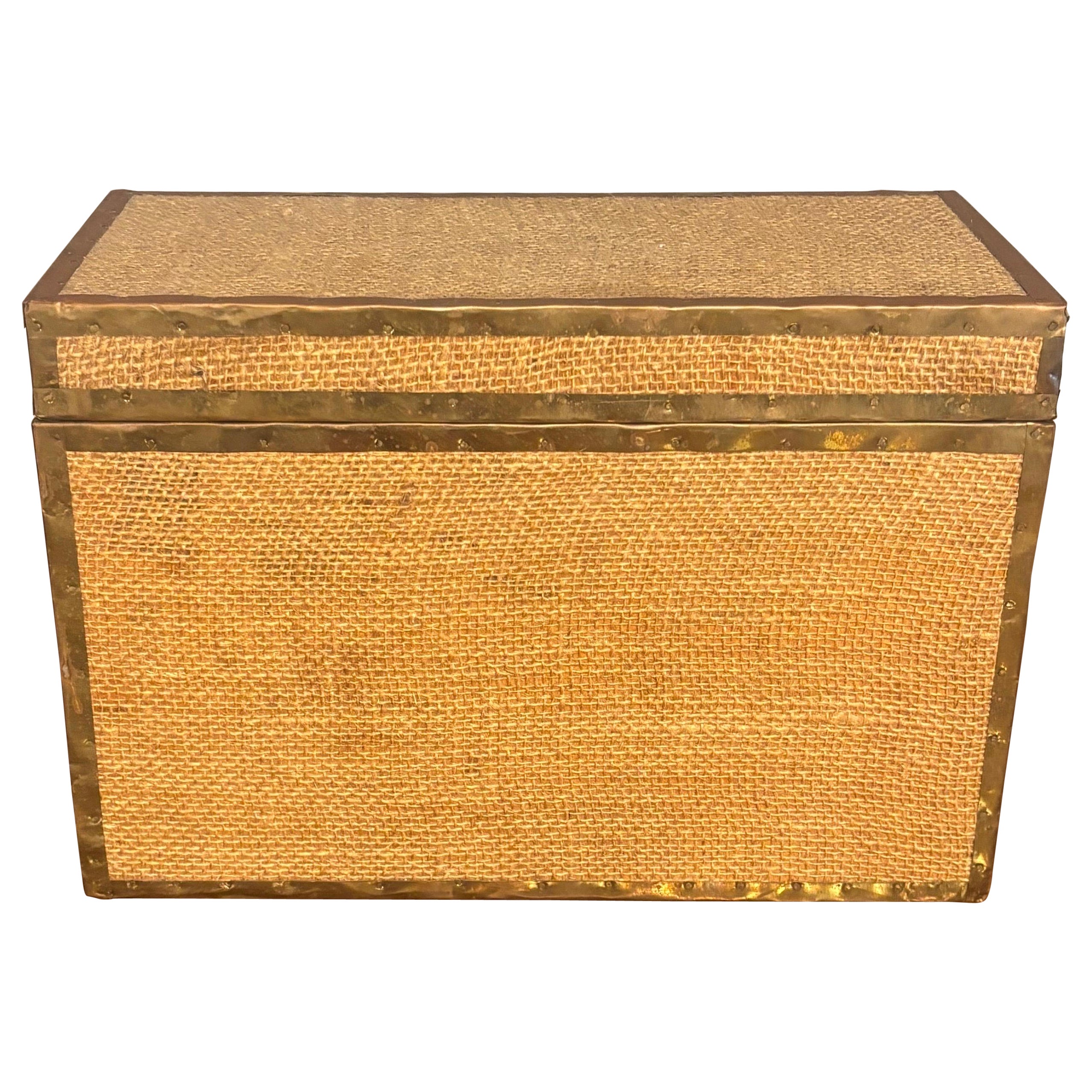 Decorative Burlap and Brass Box — British Colonial Style For Sale