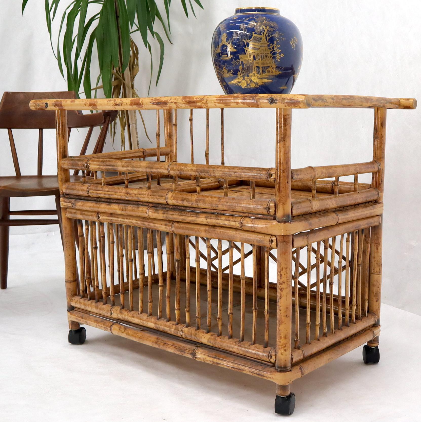 Mid-Century Modern Decorative Burnt Bamboo & Glass Bar Cart For Sale