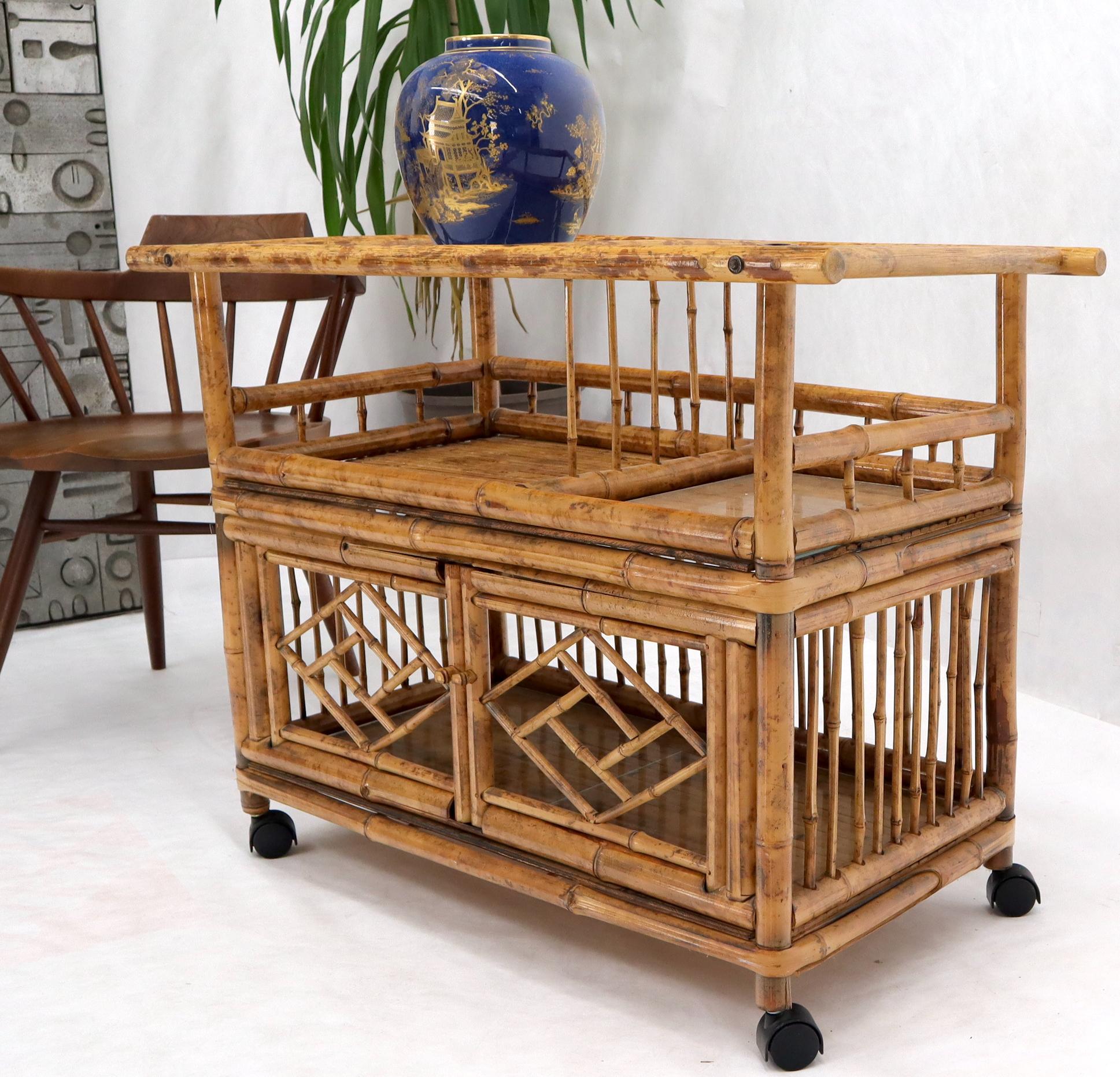 20th Century Decorative Burnt Bamboo & Glass Bar Cart For Sale