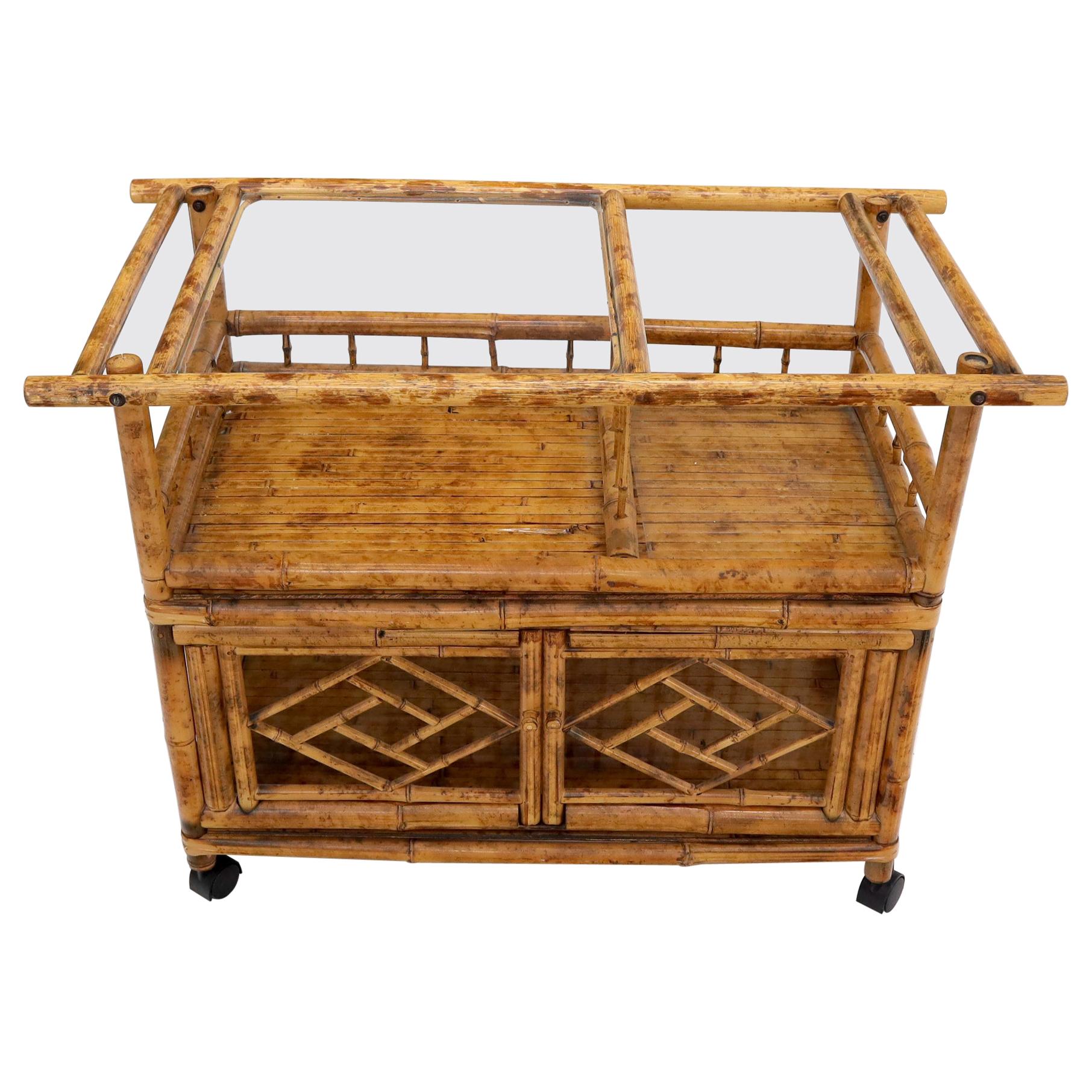 Decorative Burnt Bamboo & Glass Bar Cart For Sale