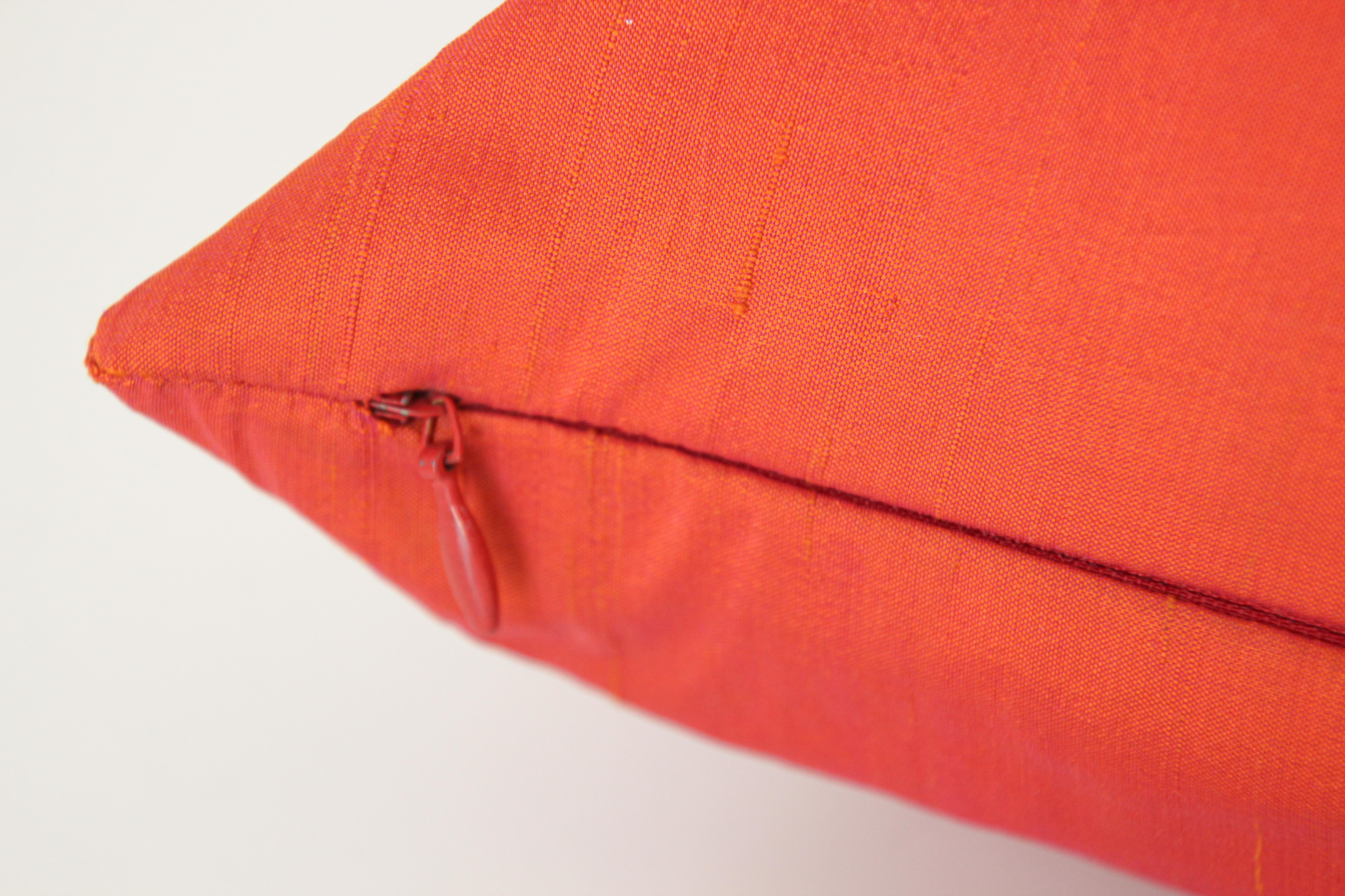 Hand-Crafted Decorative Burnt Orange Raw Silk Throw Pillow For Sale