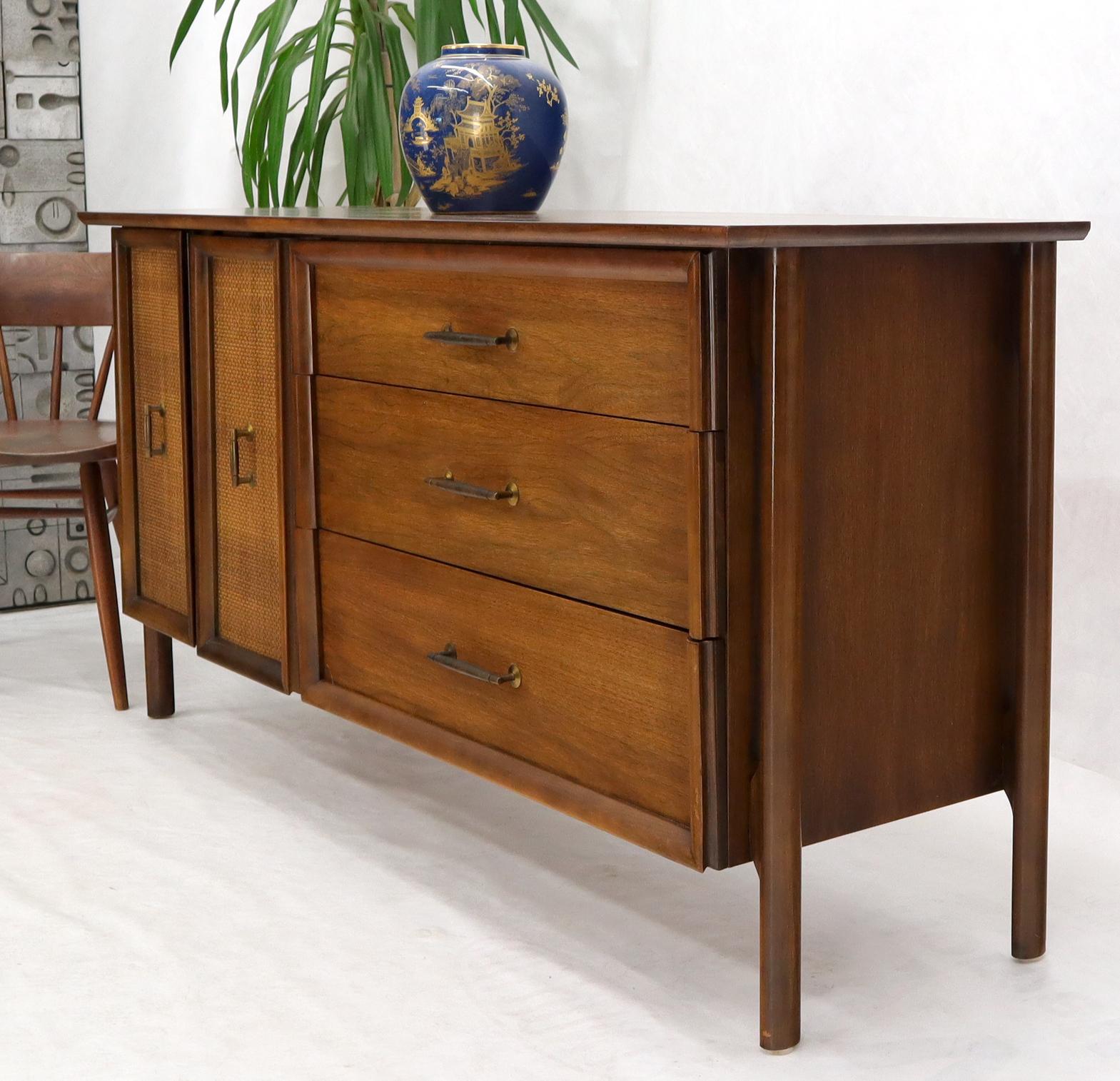 Lacquered Decorative Caned Door Front Exposed Legs Walnut Credenza Dreser For Sale