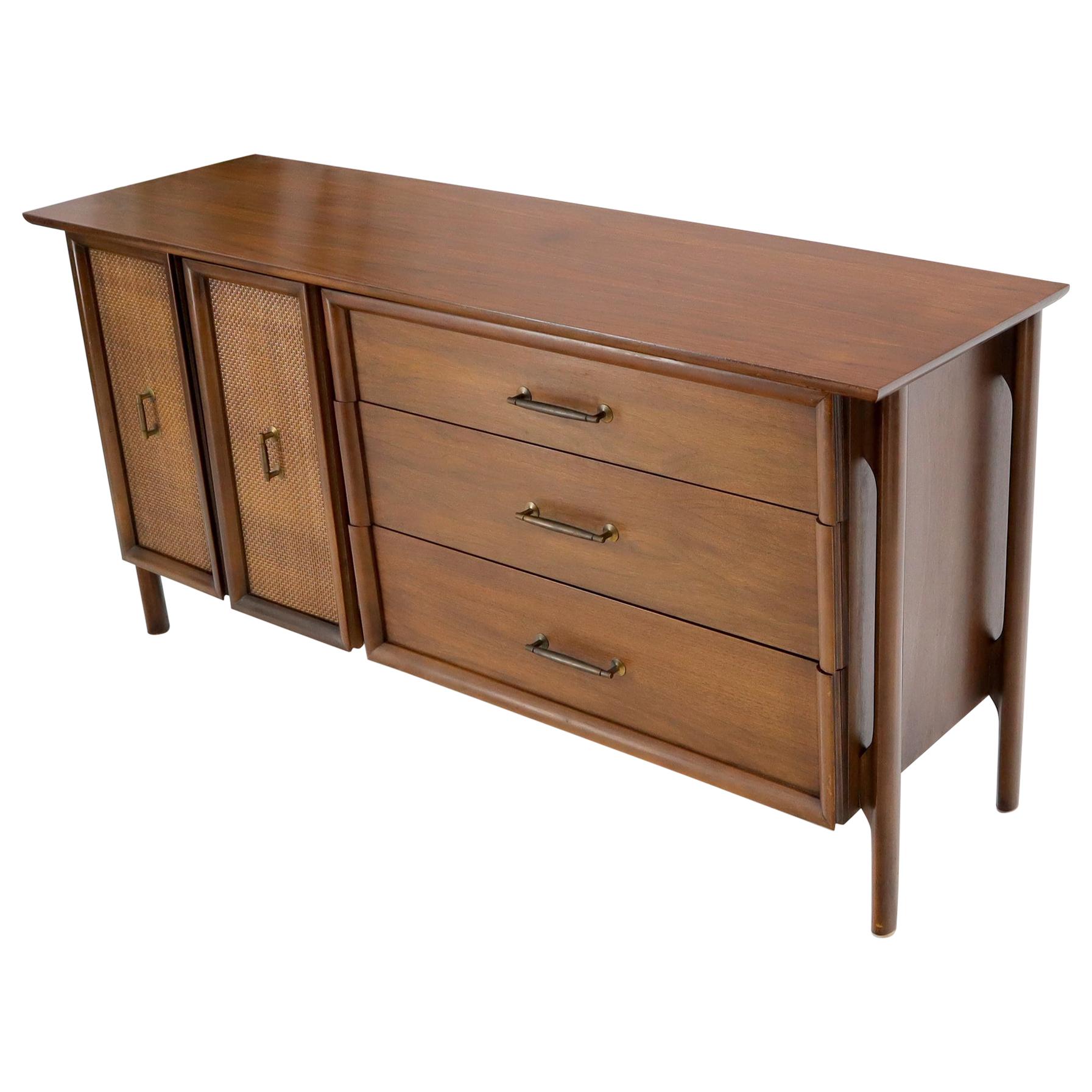 Decorative Caned Door Front Exposed Legs Walnut Credenza Dreser For Sale