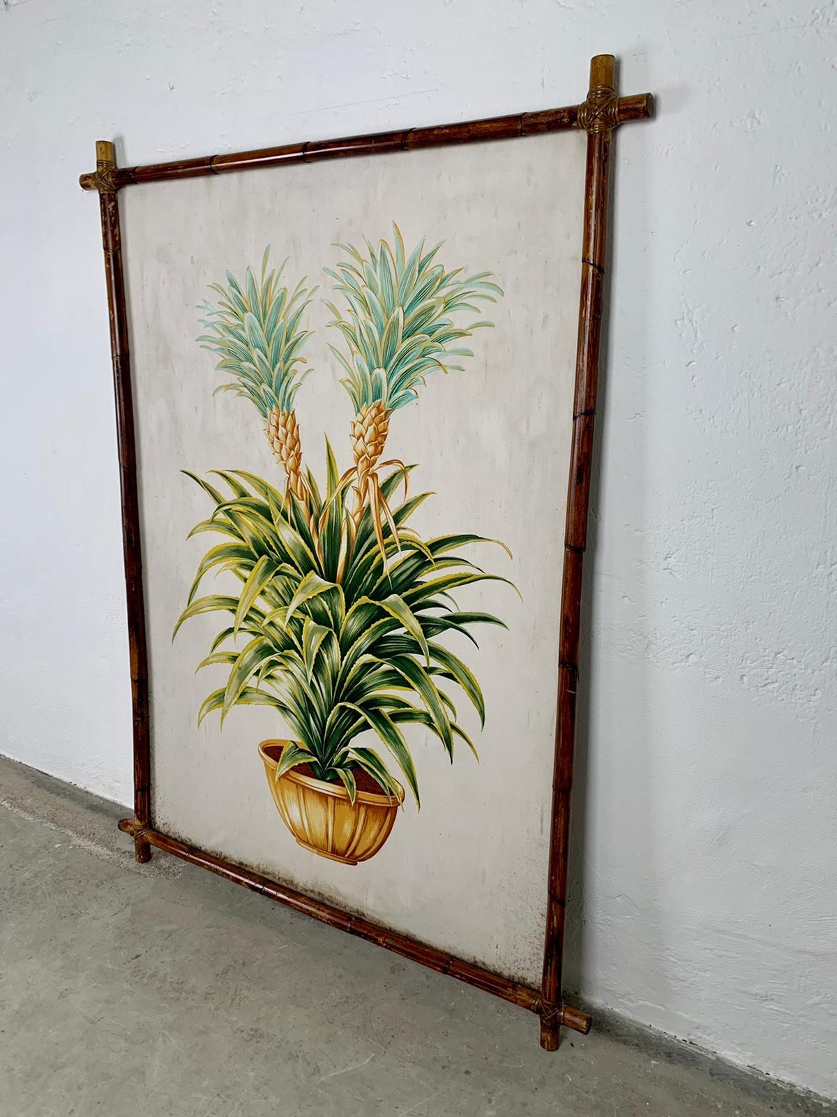 Decorative canvas panel with bamboo frame, 1960s
Decorative panel on canvas representing a palm tree with bamboo frame. 

Good condition, signs of time, stains on canvas

write to us for further information