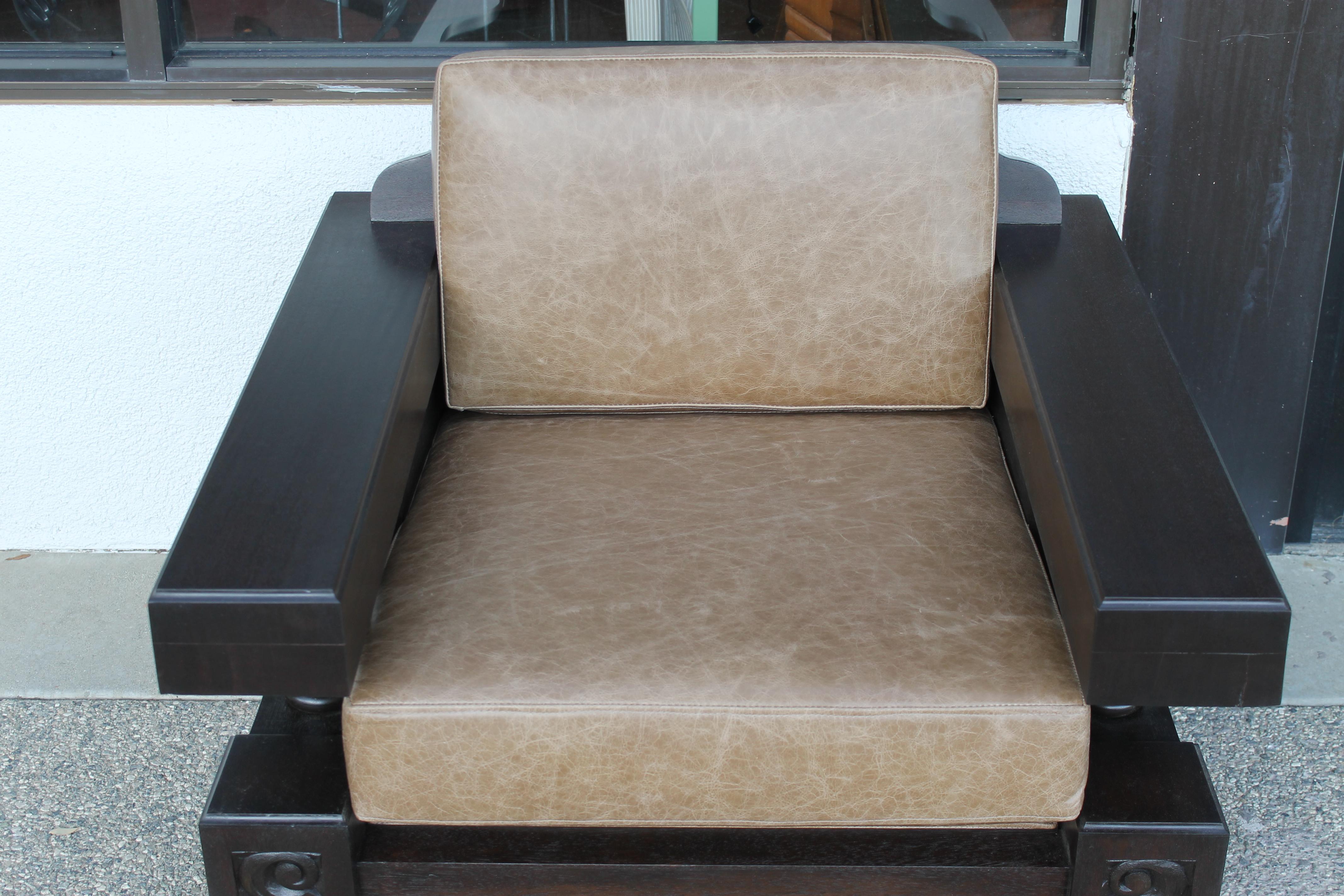 This is for a pair of decorative brown lounge chairs most likely produced in Mexico. Chair has carved decorative pattern on all sides. We replaced with new leather cushions. Content of leather is South American Cowhide from Brazil. The finish type