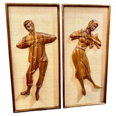 Vintage Mid Century Modern Decorative Carved Teak Relief Wall Art, 1950’s Set of 2