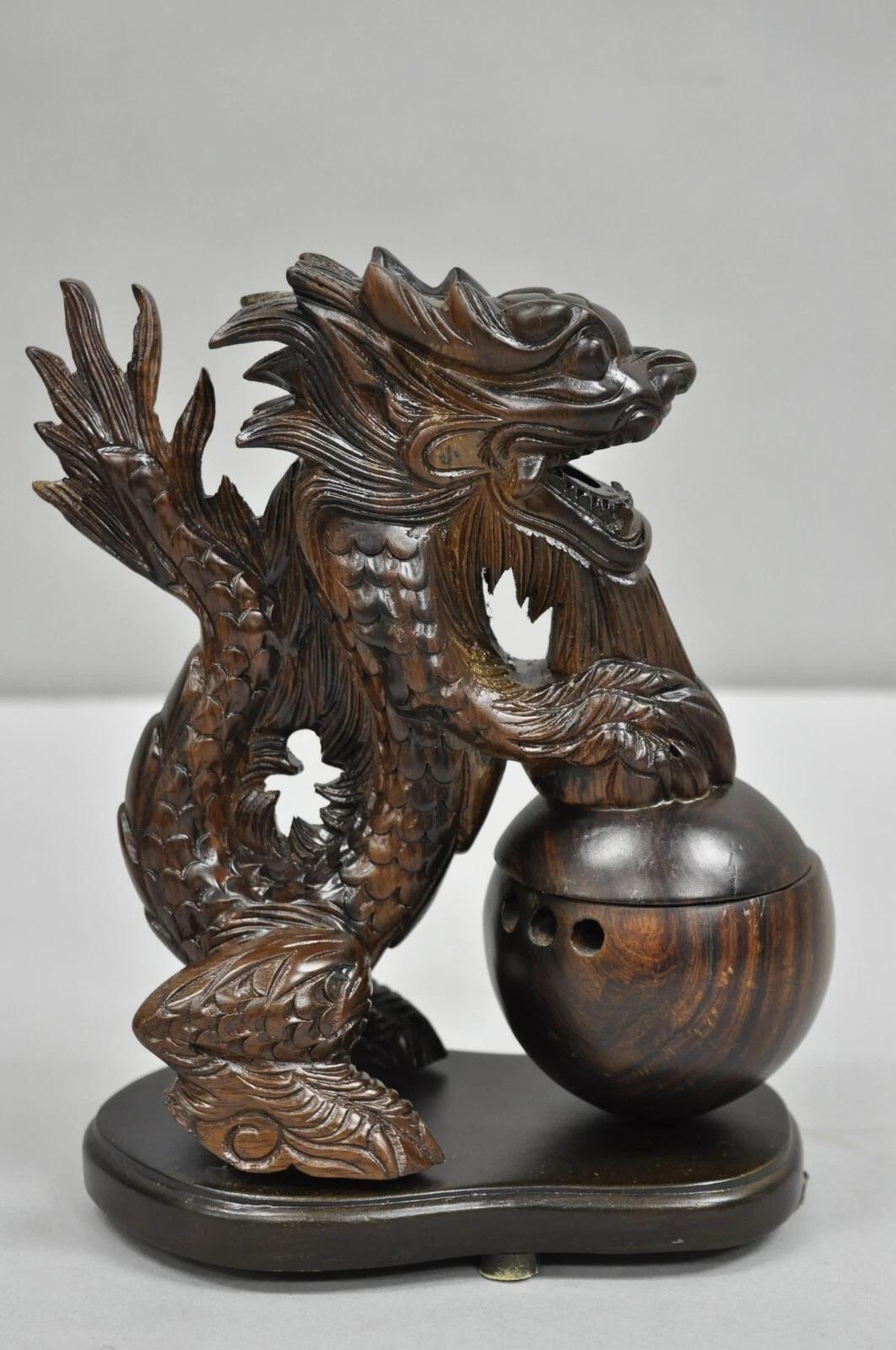 Porte-encens décoratif en bois sculpté chinois Foo Dog Dragon en vente 3