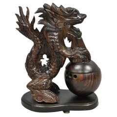 Decorative Carved Wood Chinese Foo Dog Dragon Incense Burner Holder
