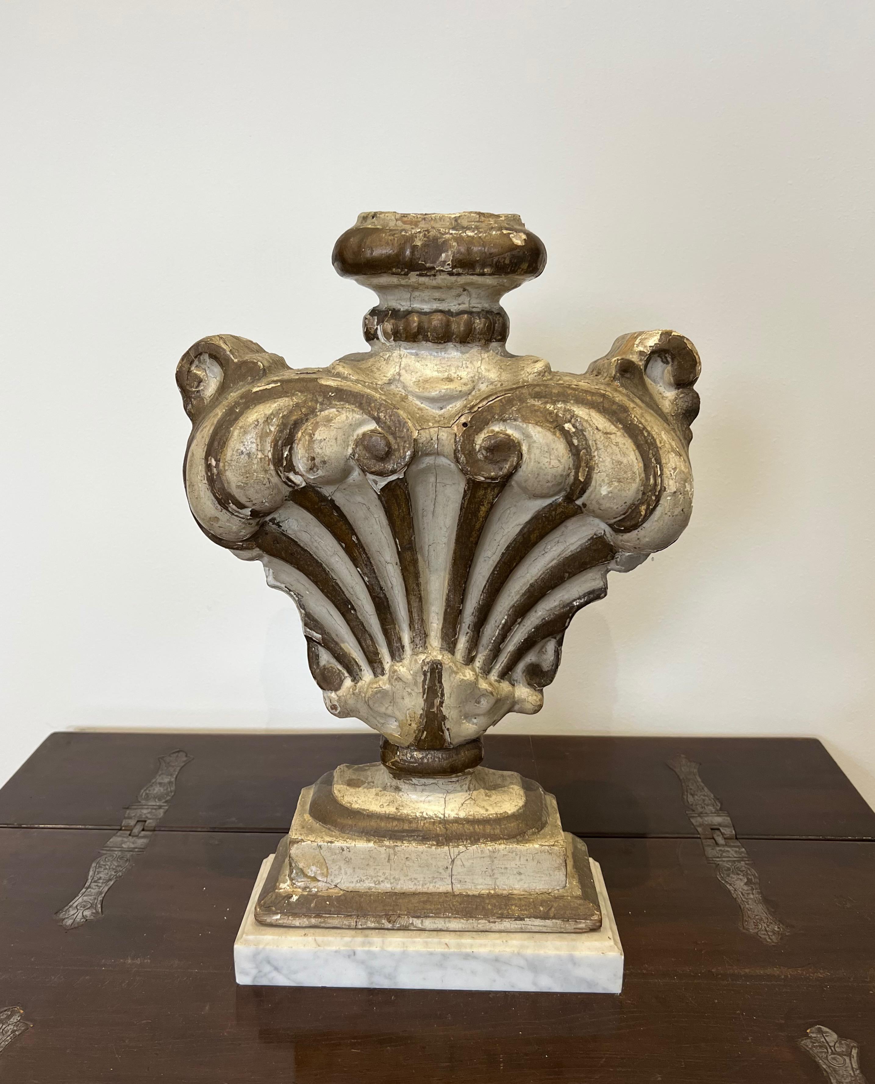 This decorative that can be mounted into a lamp is made of a patinated carved wood element on a Carrara marble base. This is an Italian work. 18th Century