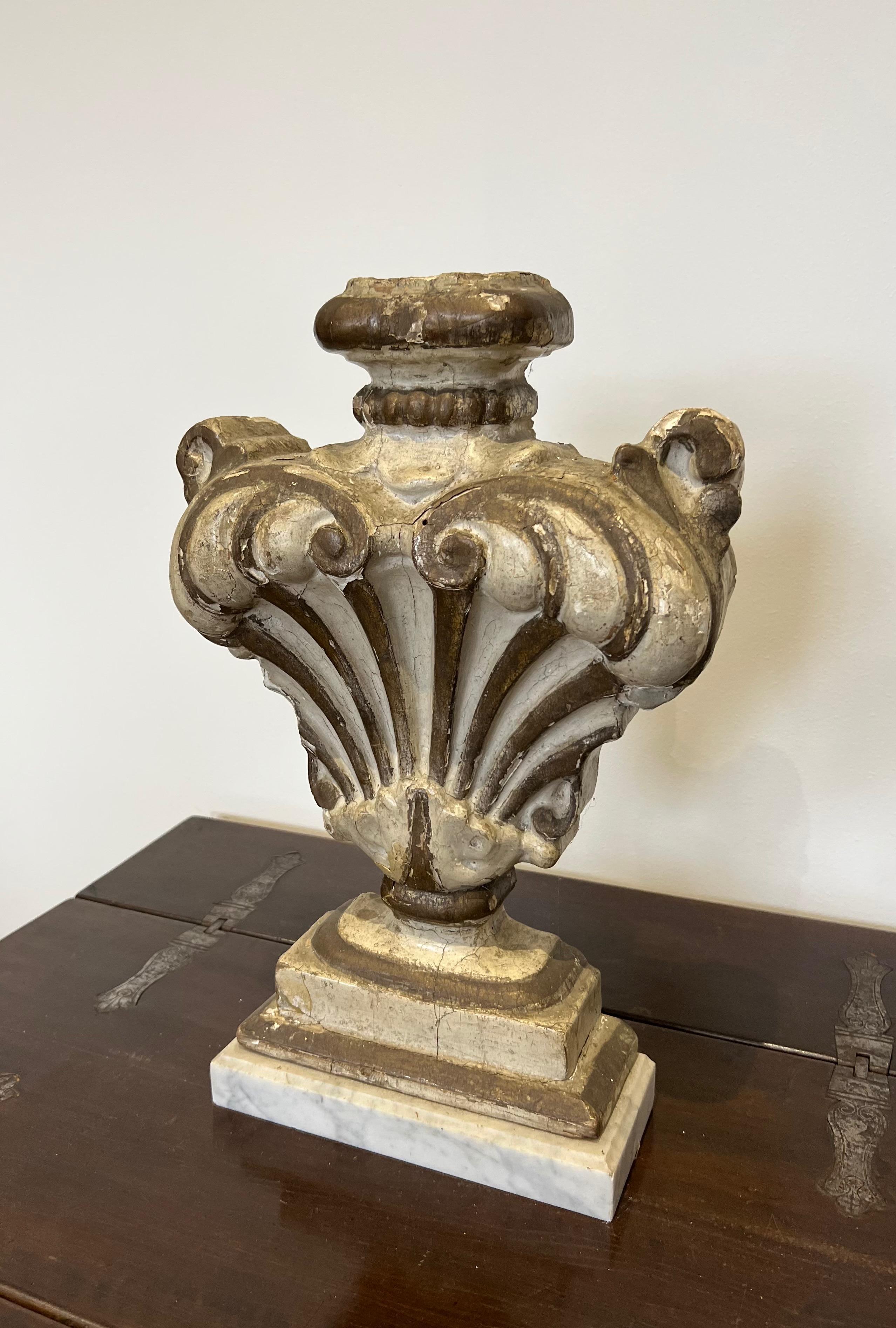 Rococo Decorative Carved Wood Element on a Marble Base. Italian work. 18th Century For Sale