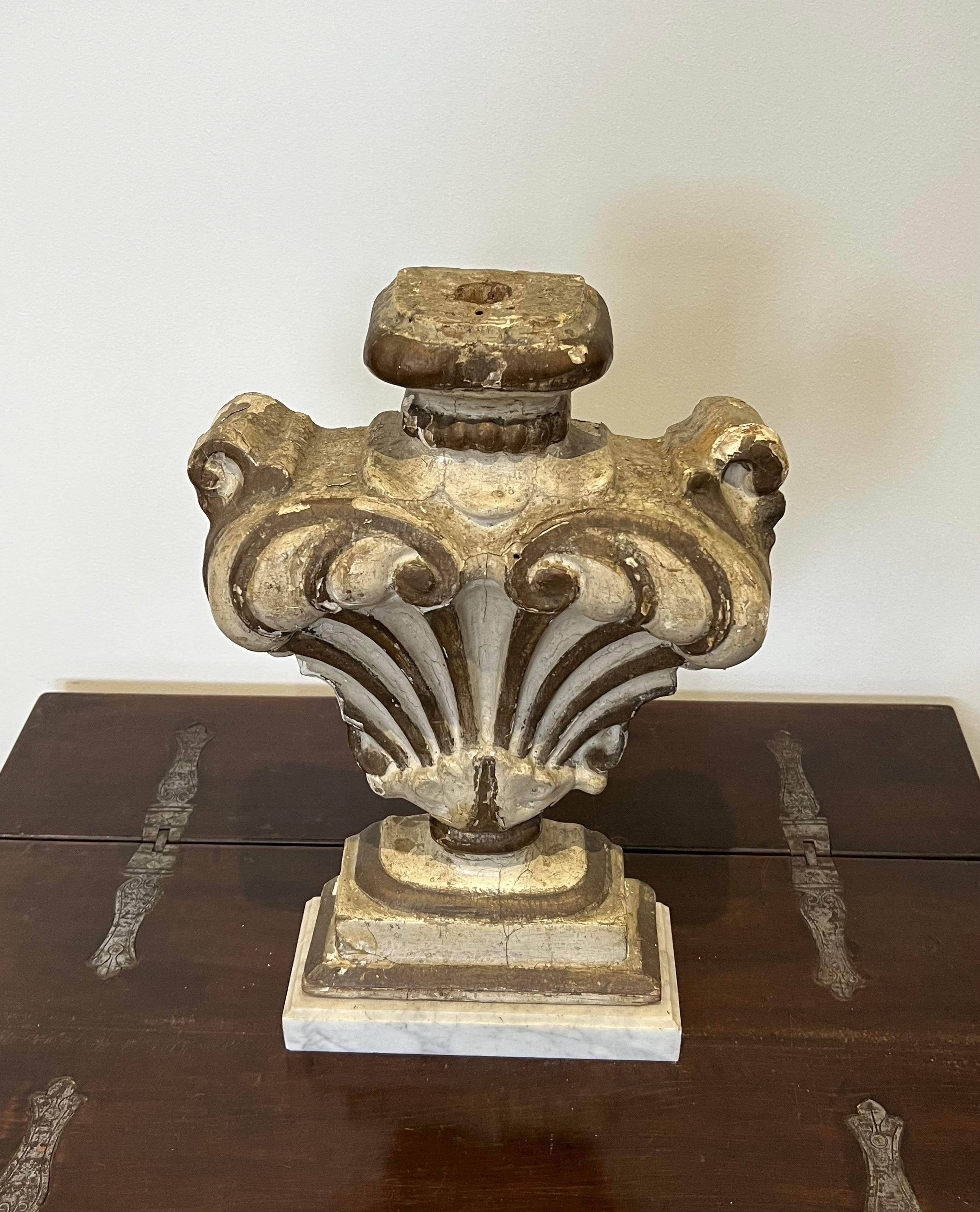 French Decorative Carved Wood Element on a Marble Base. Italian work. 18th Century For Sale