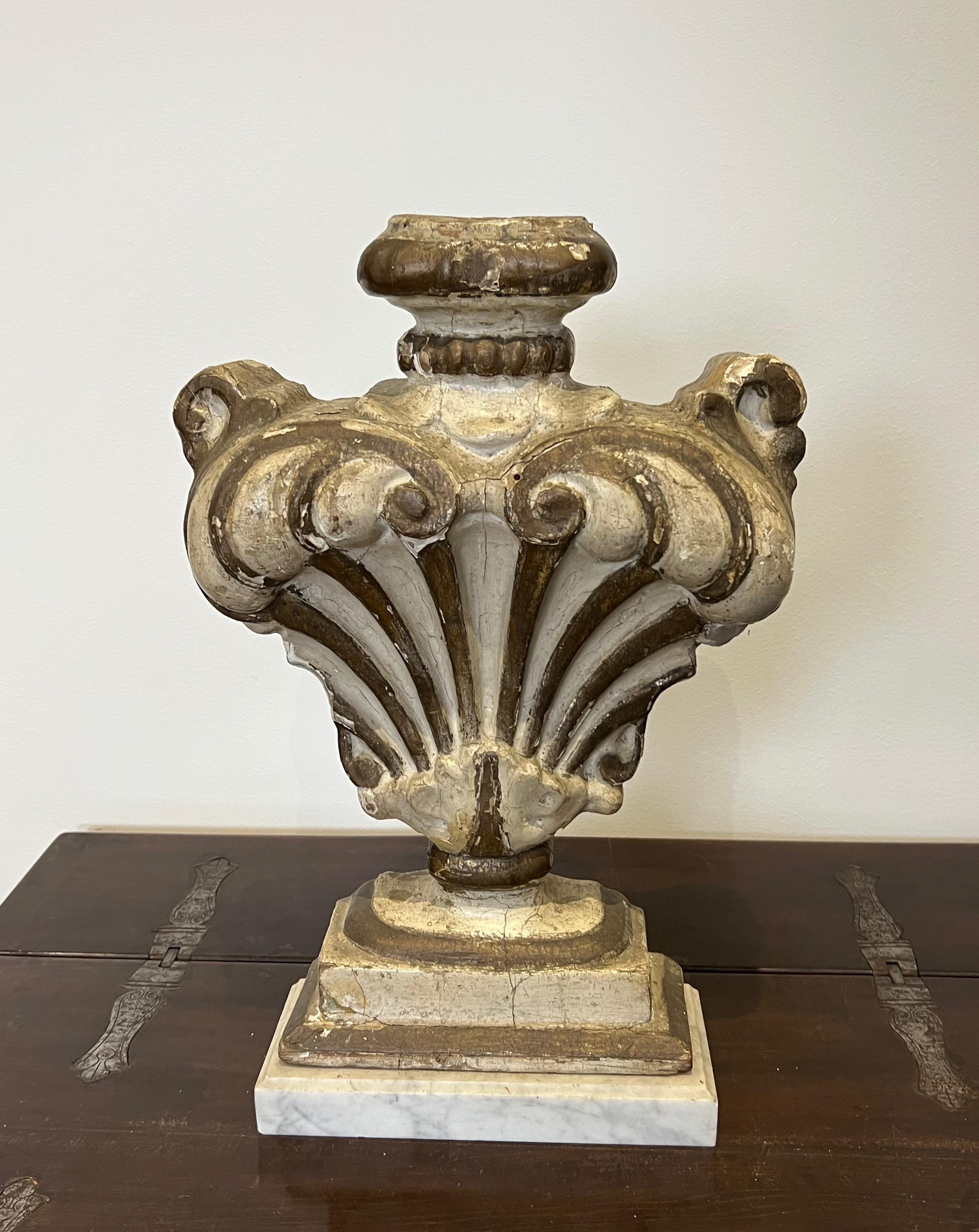 18th Century and Earlier Decorative Carved Wood Element on a Marble Base. Italian work. 18th Century For Sale