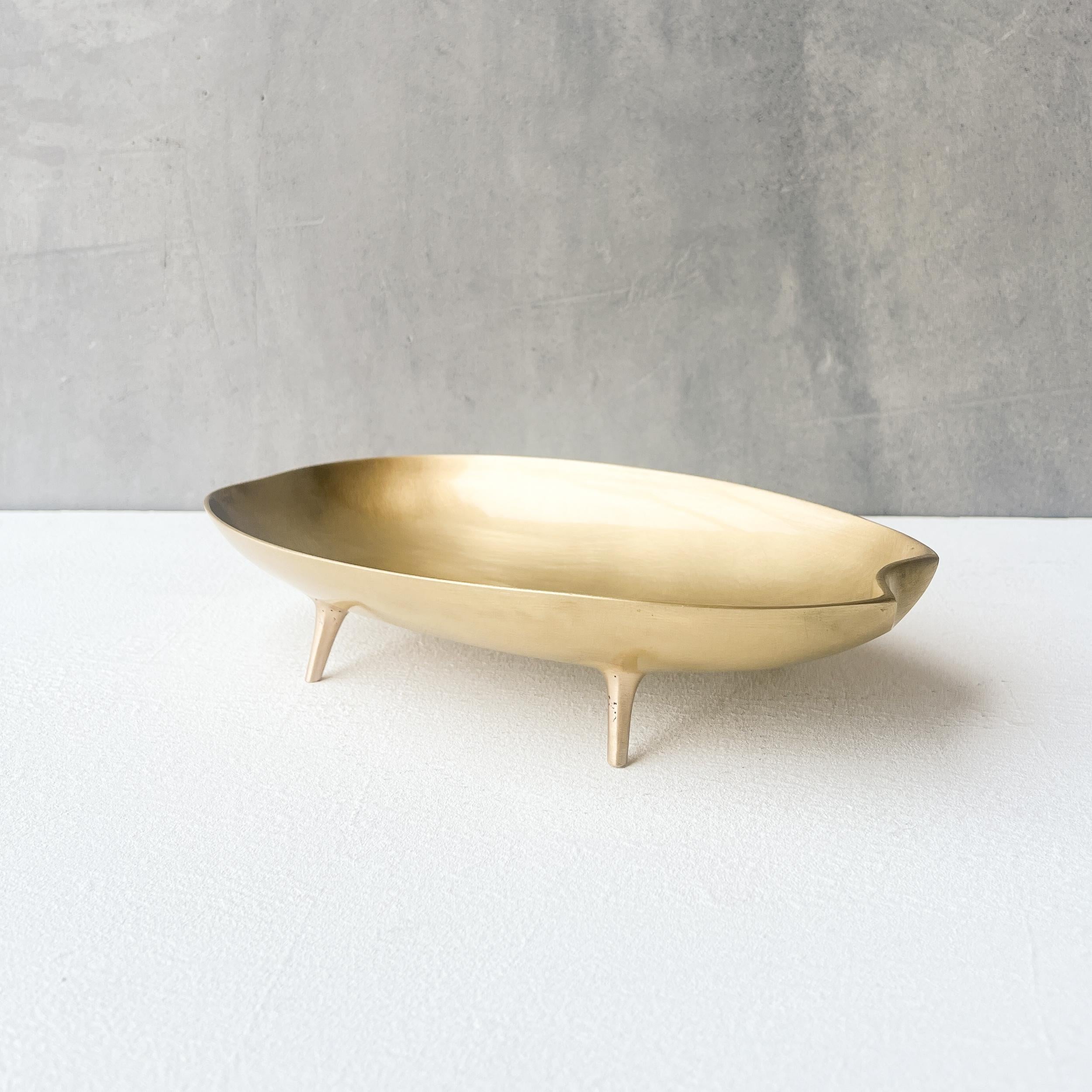 Contemporary Decorative Cast Brushed Brass Long Bowl Vide-poche with Legs For Sale
