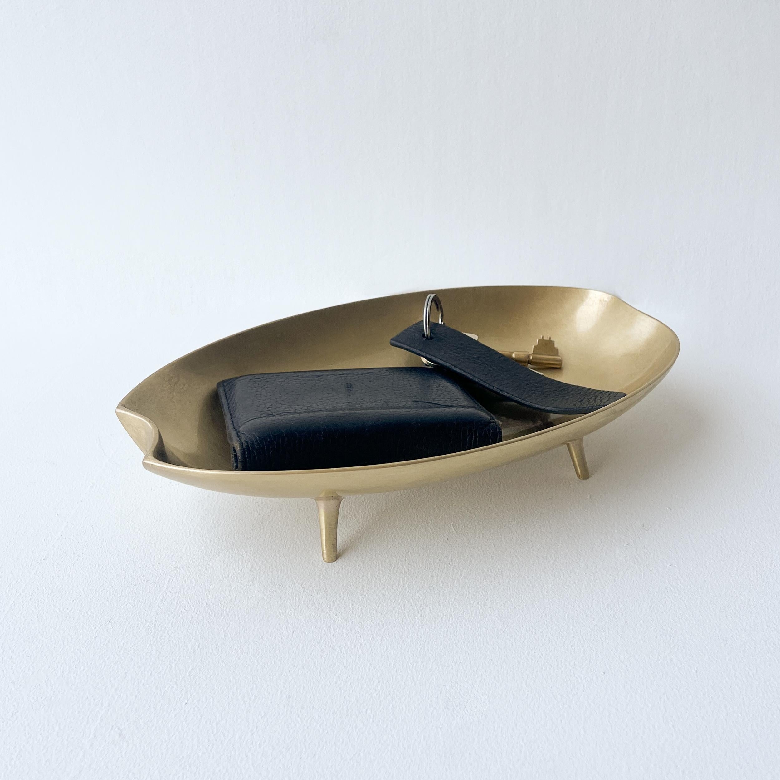 Decorative Cast Brushed Brass Long Bowl Vide-poche with Legs For Sale 1
