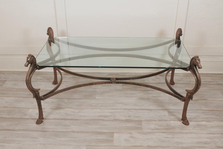 Decorative Cast Iron and Glass Top Cocktail or Coffee Table with Horse