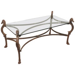 Decorative Cast Iron and Glass Top Cocktail or Coffee Table with Horse Head Legs