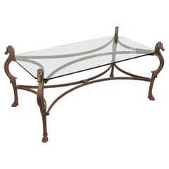 Decorative Cast Iron and Glass Top Cocktail or Coffee Table with Horse Head Legs