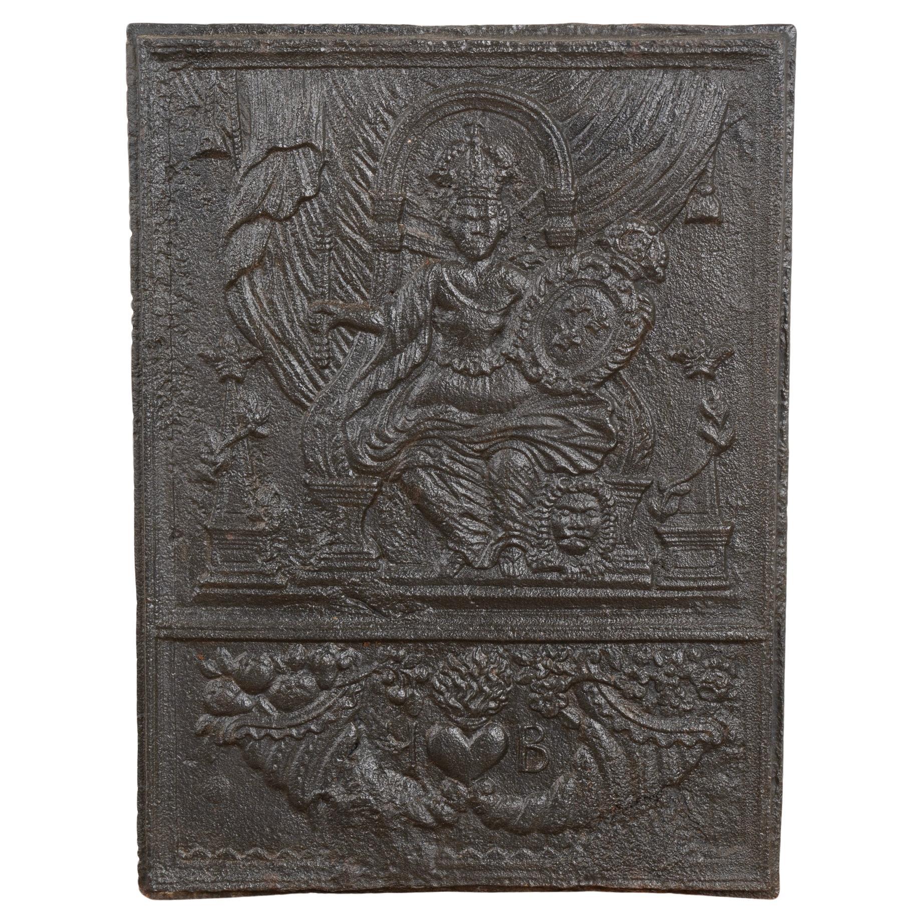 Decorative Cast Iron Fire Back With Queen, Sweden circa 1760-80 For Sale