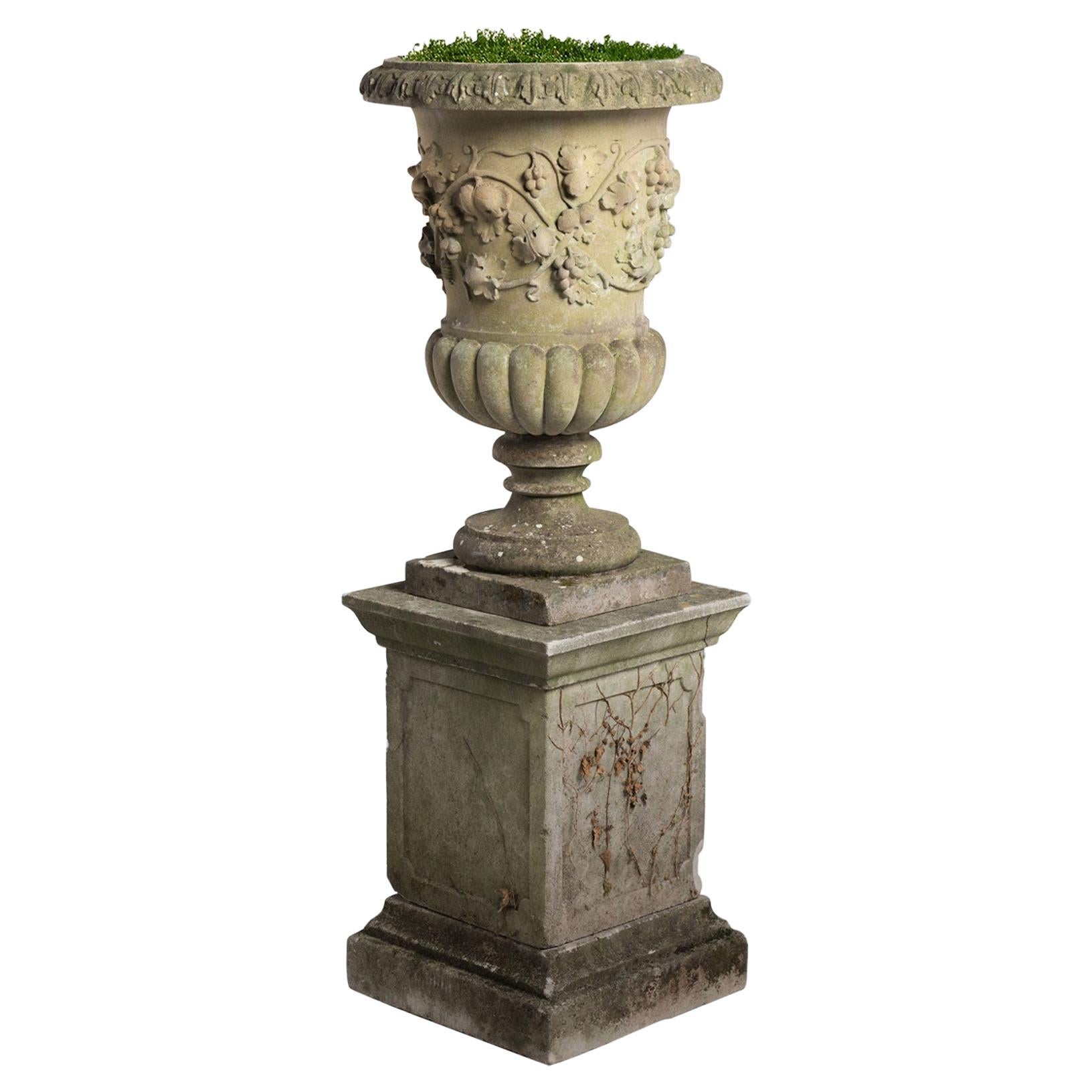 Decorative Cast Stone Urn with Pedestal, circa 1950