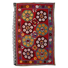 Vintage 4.7x7.7 ft Decorative Suzani Bedspread in Red, Embroidered Silk Wall Hanging