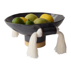 Decorative Ceramic Bowl #697 in Black Glaze with White Cotton Fringe Detail