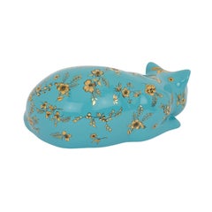 Decorative Ceramic Cat Bitossi Fiorato, Gold Flowers on Turquoise