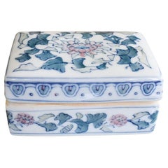 Vintage Decorative Ceramic Chinoiserie Box with Lid and Pink and Blue Floral Motif