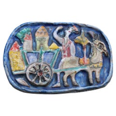 Decorative ceramic plate with characters and cart Giovanni De simone 1960s