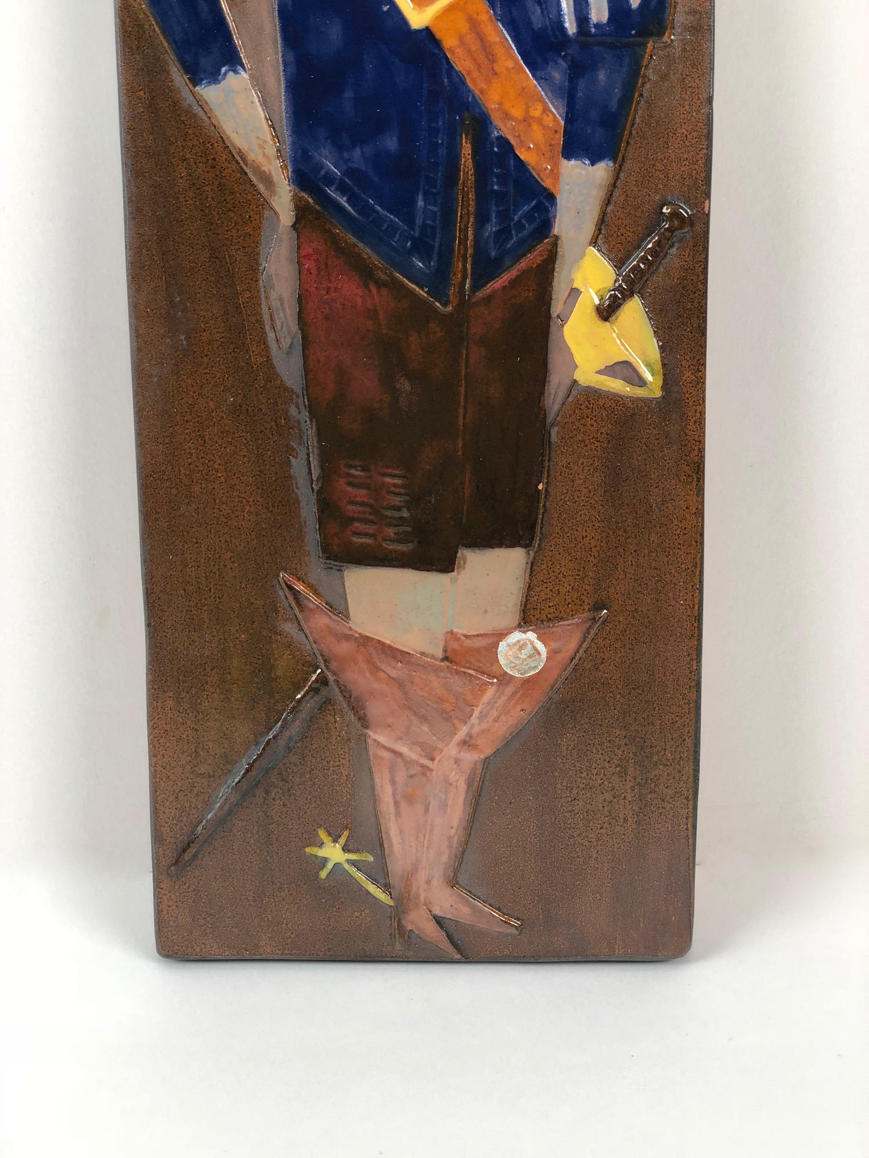 Czech Decorative Ceramic Relief with a Musketeer in Hollywood Regency Style For Sale