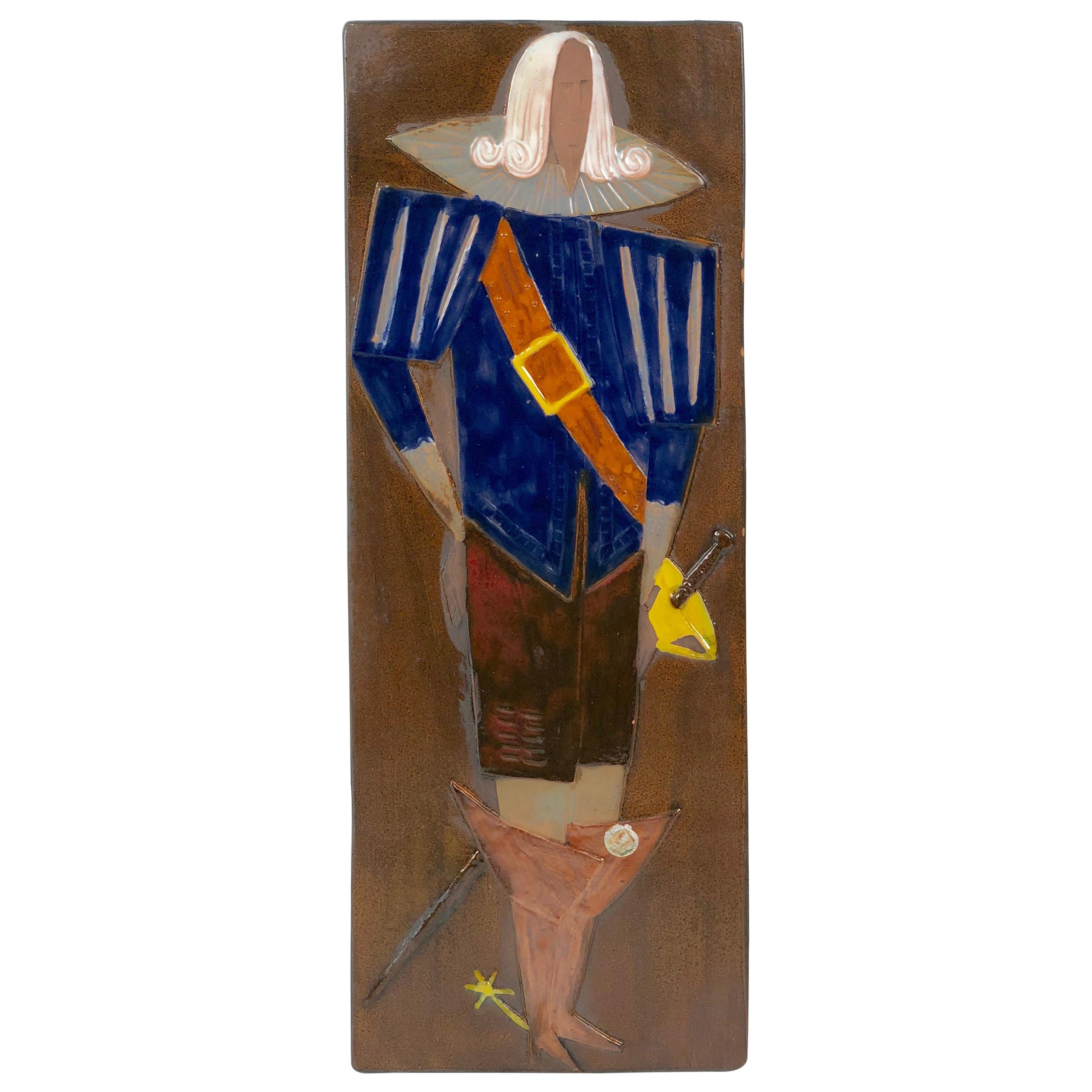 Decorative Ceramic Relief with a Musketeer in Hollywood Regency Style For Sale