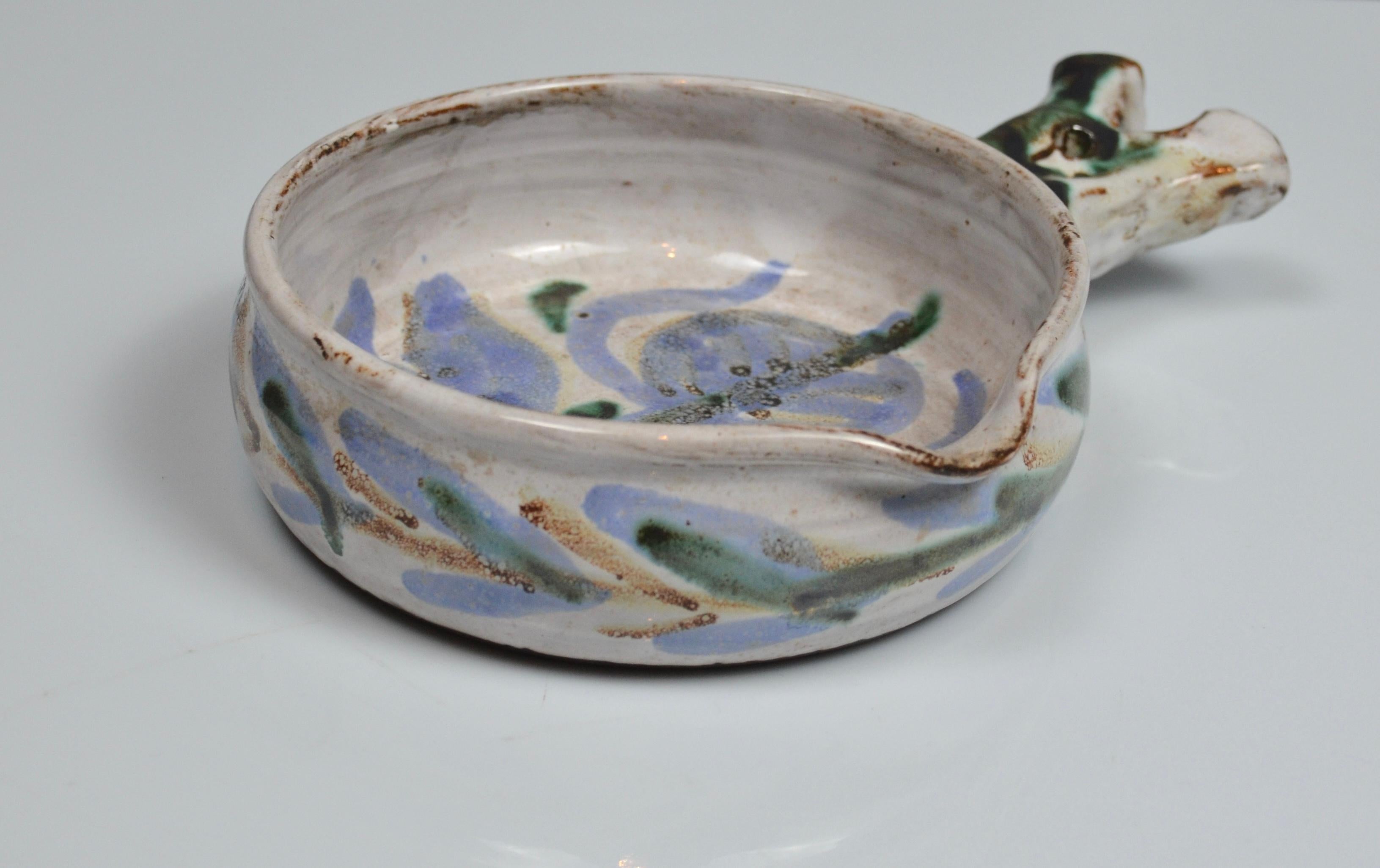 Decorative ceramic skillet/pan, Vallauris, attributed to Albert Thiry, 1960s In Good Condition For Sale In Marinha Grande, PT