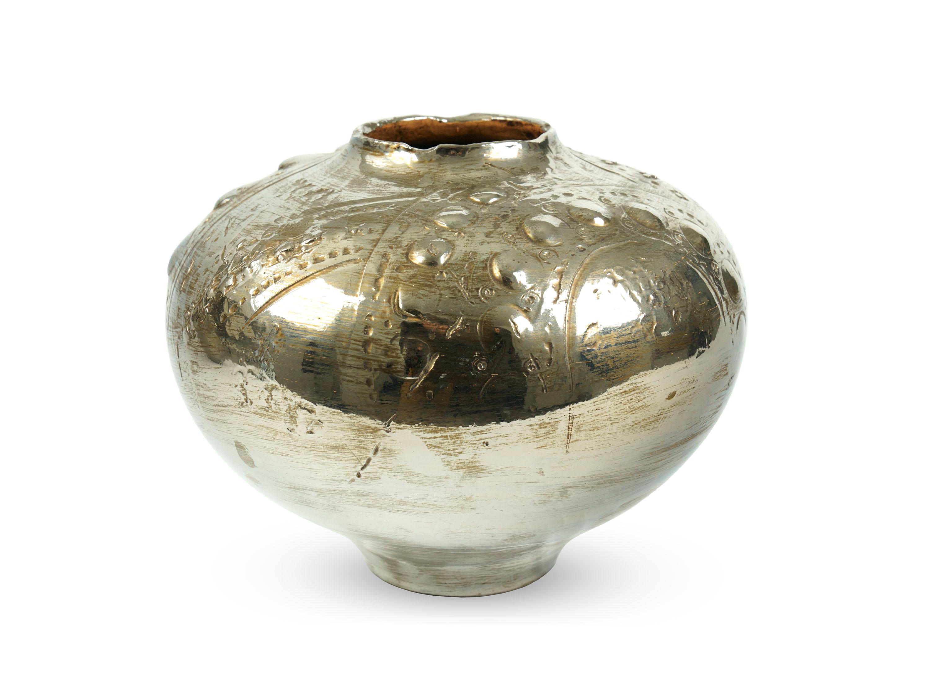 Italian Decorative Ceramic Vase Vessel Centerpiece Platinum Metallic Luster, Italy For Sale