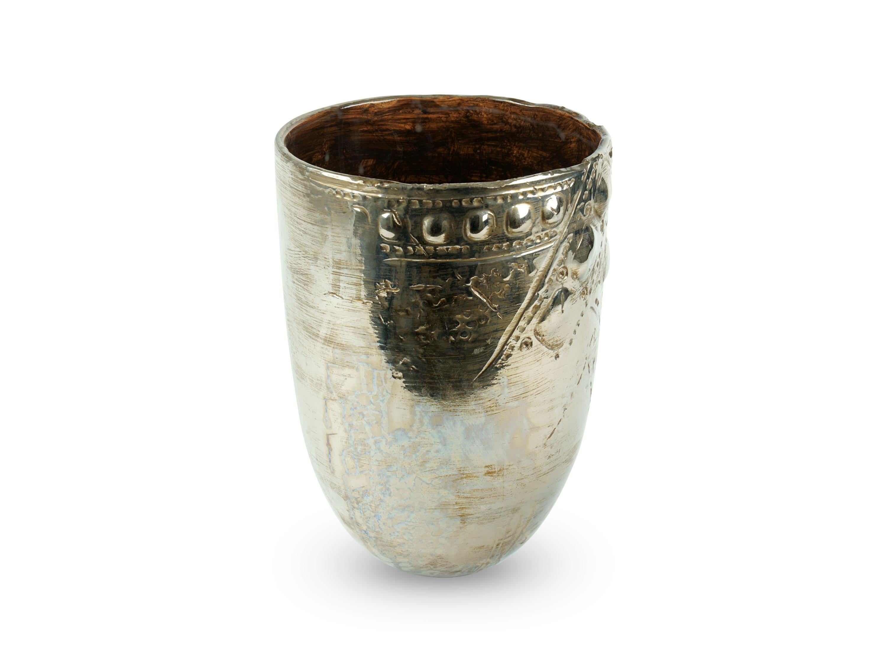 Italian Decorative Ceramic Vase Vessel Metallic Platinum Luster Antiqued Handmade Italy For Sale