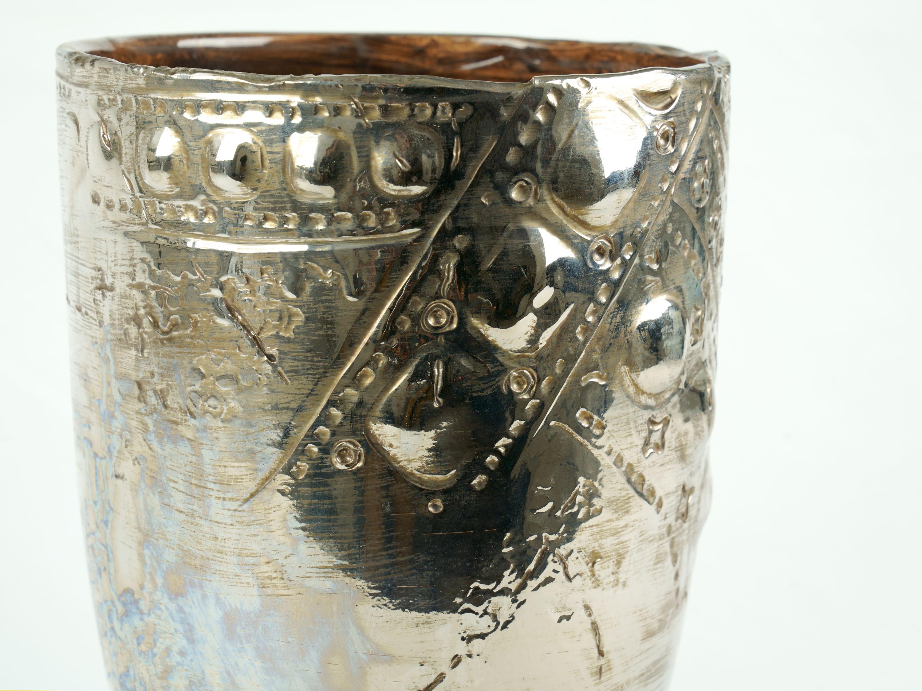Hand-Crafted Decorative Ceramic Vase Vessel Metallic Platinum Luster Antiqued Handmade Italy For Sale