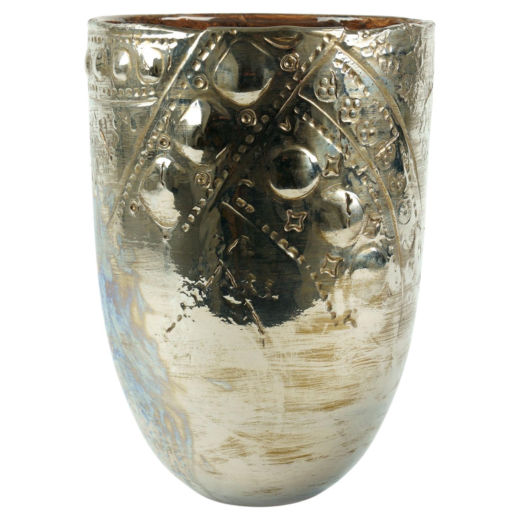 Decorative Ceramic Vase Vessel Metallic Platinum Luster Antiqued Handmade Italy For Sale