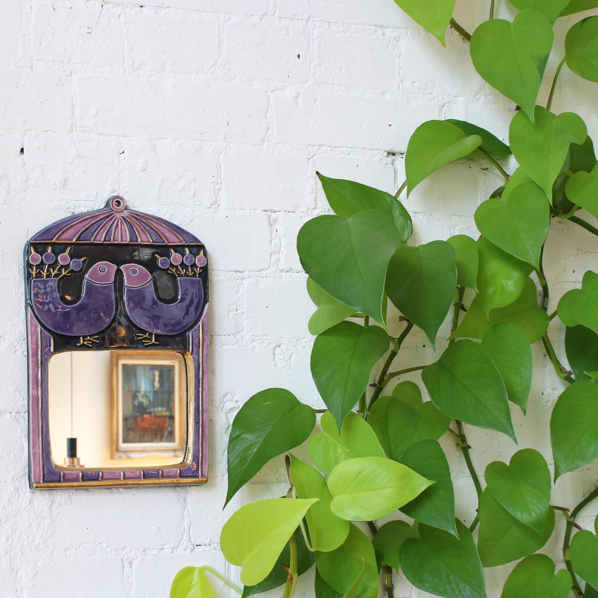 Glazed Decorative Ceramic Wall Mirror with Stylized Birds, Mithé Espelt, circa 1970s