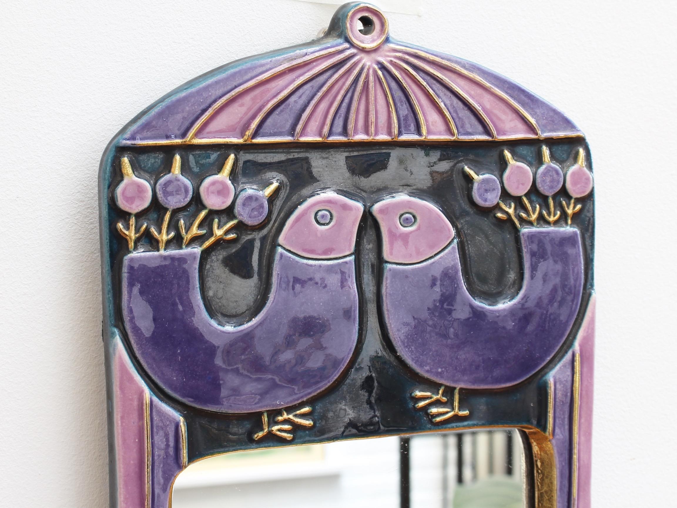 Decorative Ceramic Wall Mirror with Stylized Birds, Mithé Espelt, circa 1970s 1