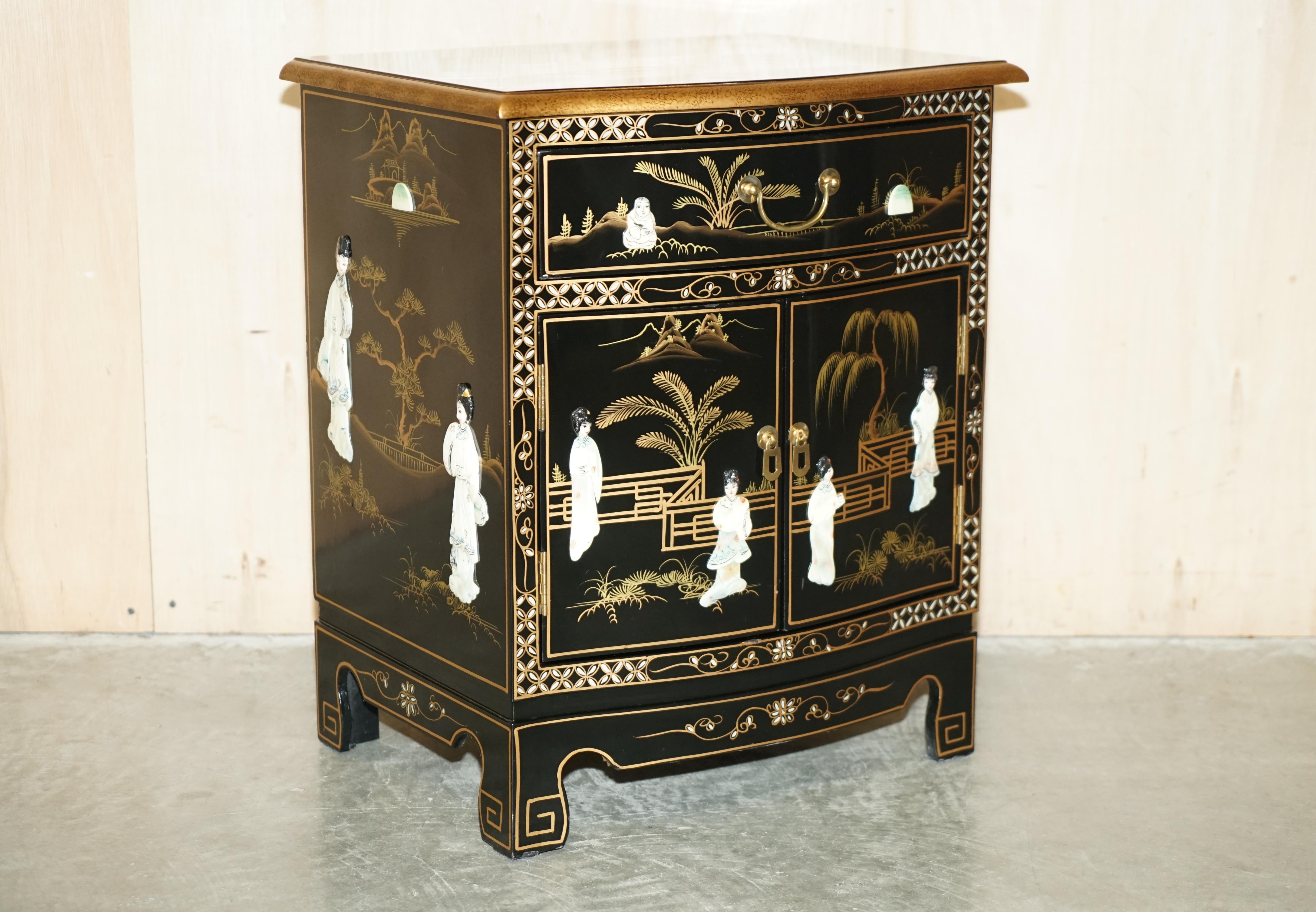 We are delighted to offer for sale this lovely Chinese side cabinet with native scenes of Geisha girls carved out of soapstone and decorated in the Chinoiserie style

A very good looking and well made piece, these are now highly collectable as art