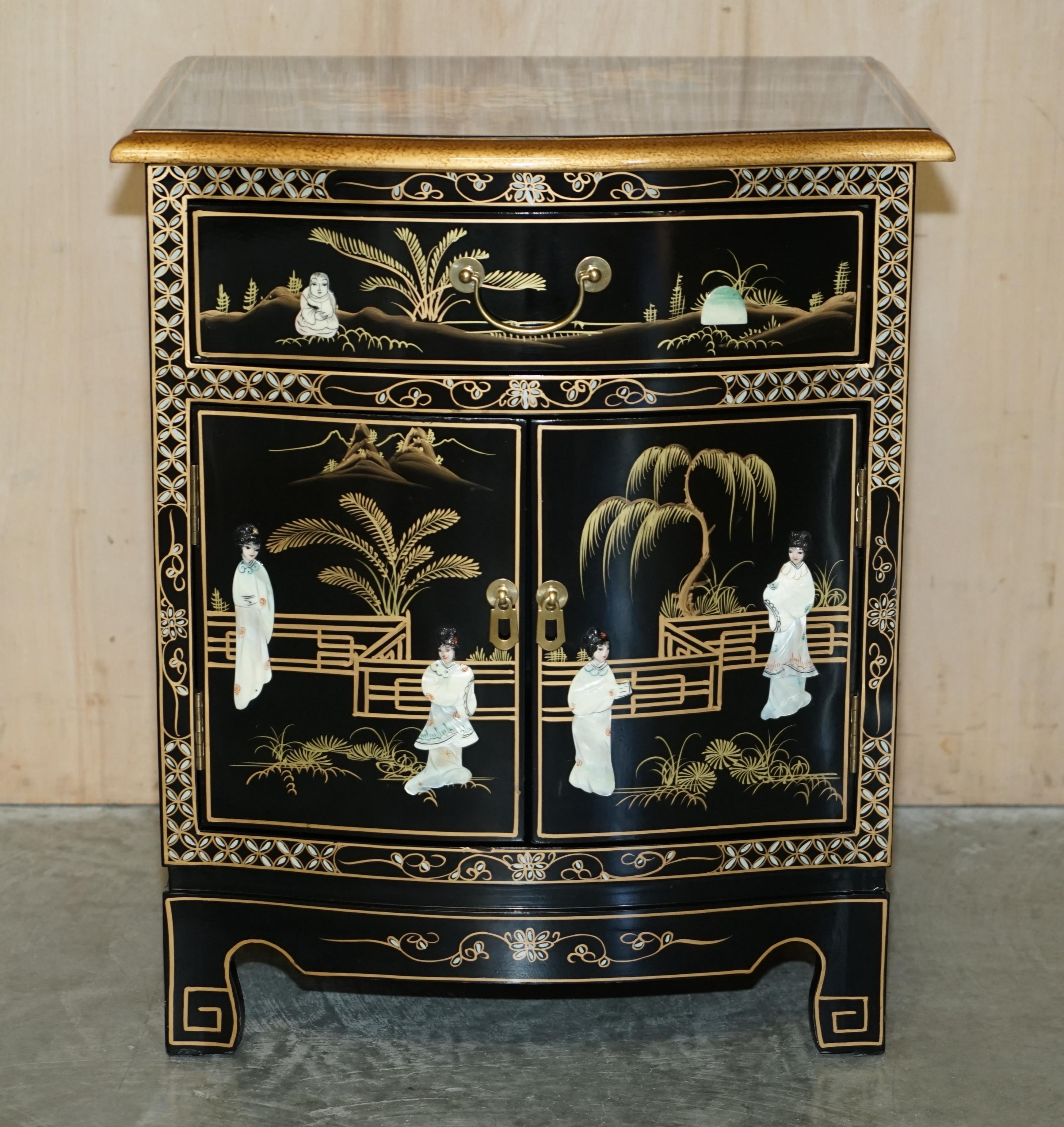Hand-Crafted Decorative Chinese Chinoiserie Geisha Girls Lacquer Side Cabinet Soapstone For Sale