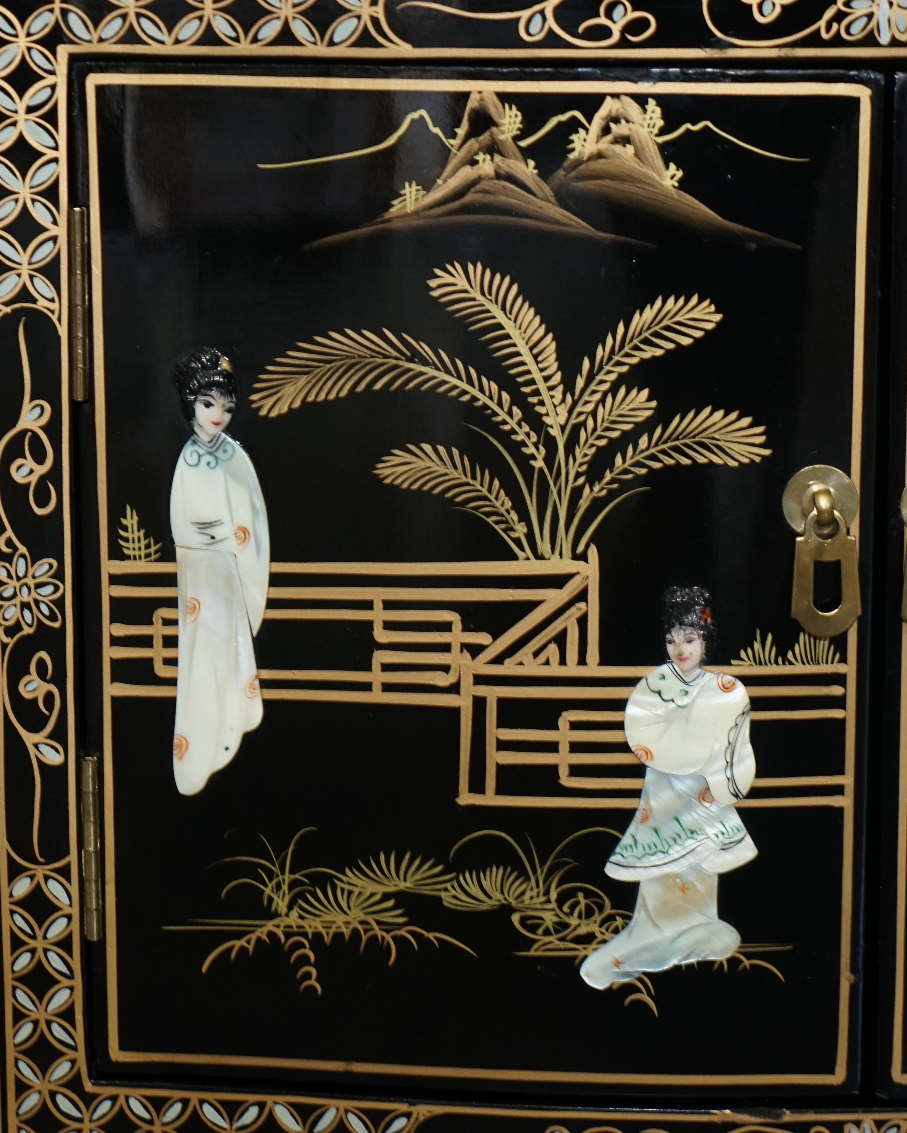 Decorative Chinese Chinoiserie Geisha Girls Lacquer Side Cabinet Soapstone For Sale 4
